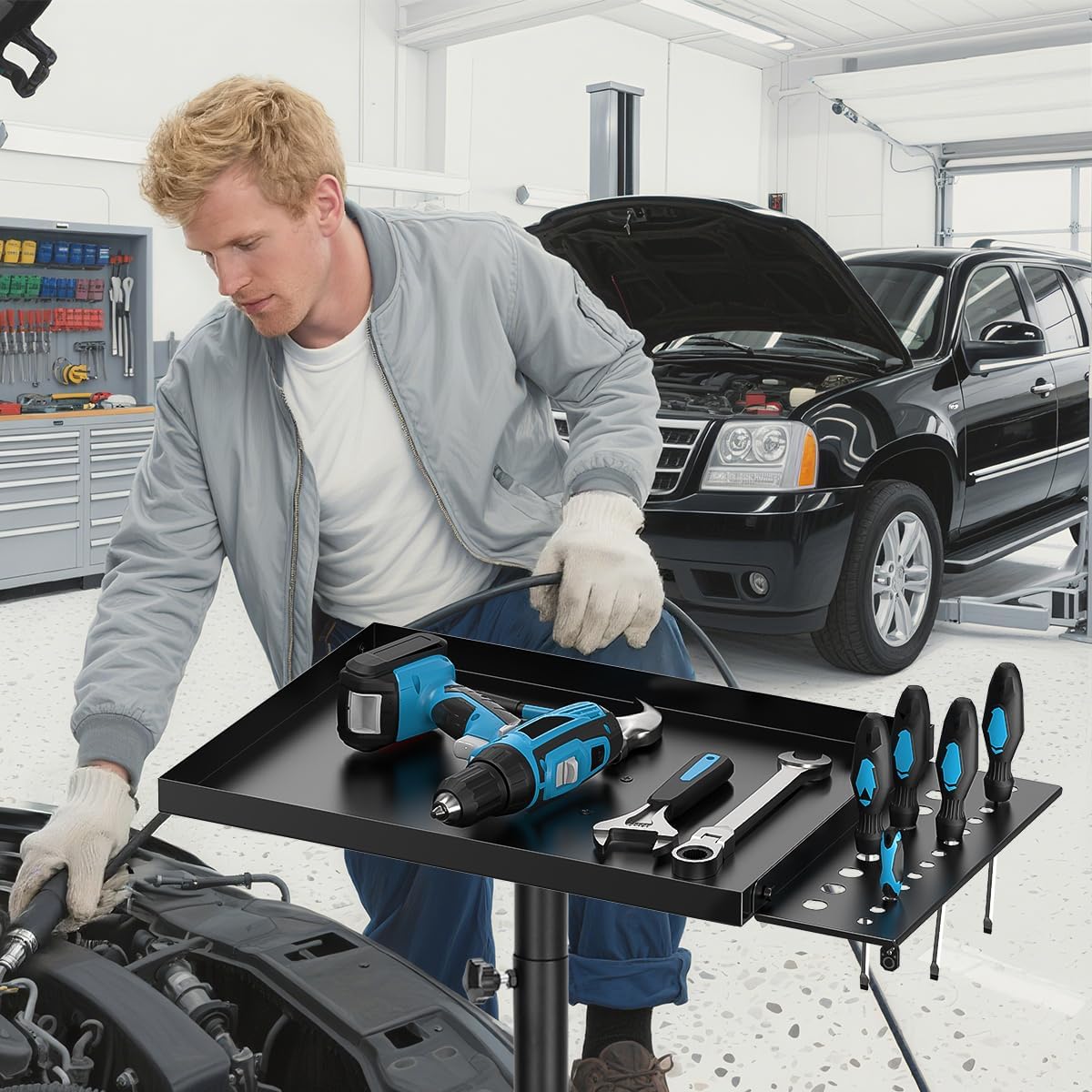 Salon Tray Cart Premium Metal Tattoo Tray, Storage Utility Cart with Tool Rack, Rolling Tray Trolley Adjustable Height, Tool Tray Cart for SPA Clinic Repair Shop