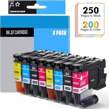 8 Pack Ink Cartridges Replacement Compatible with LC501 Series, Works with Color Inkjet Printers, Black, Cyan, Magenta, and Yellow