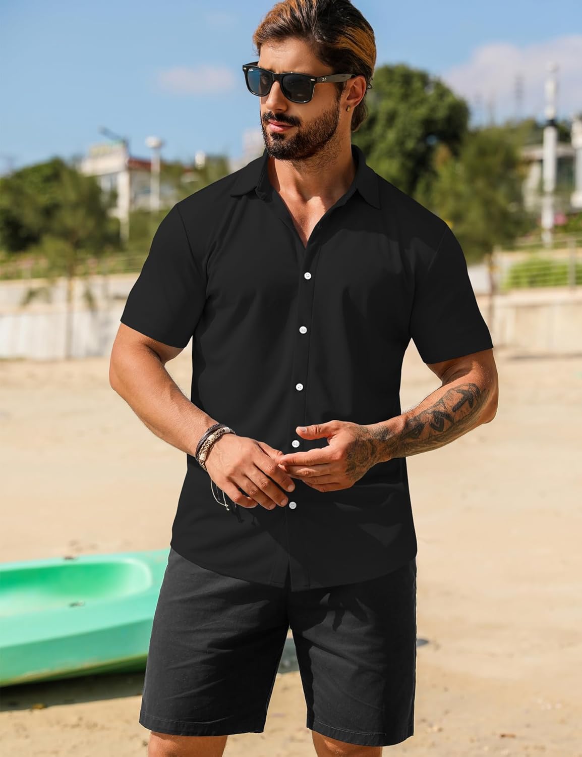 URRU Men's Muscle Dress Shirts Short Sleeve Stretch Casual Button Down Shirts Wrinkle Free Slim Fit Dress Shirt for Men - Image 2