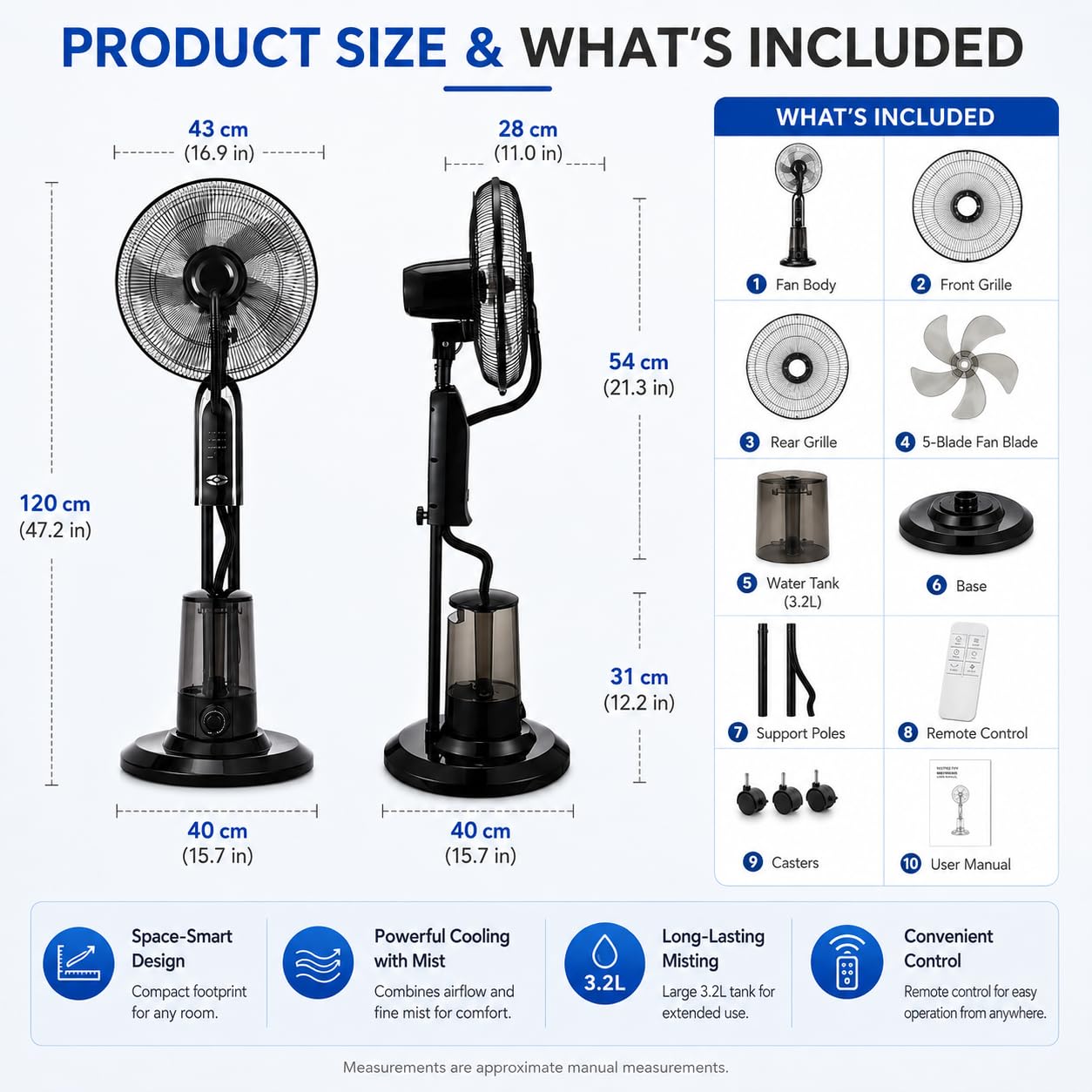 Ventilador nebulizador de pie con depósito de 3,2 L, Ventilador de 5 aspas