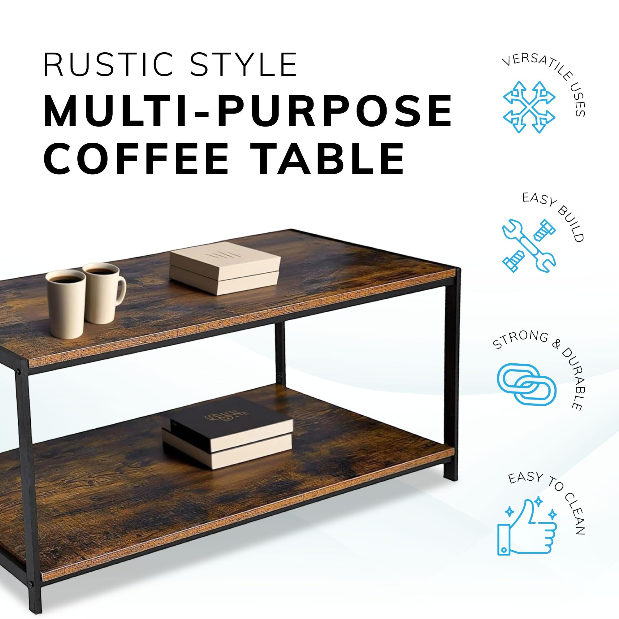 Tavolino Da Salotto Rustico Direct Online Houseware - Marrone, Struttura In Metallo, Piano 100x50x45 Cm, Portata 30 Kg - 5