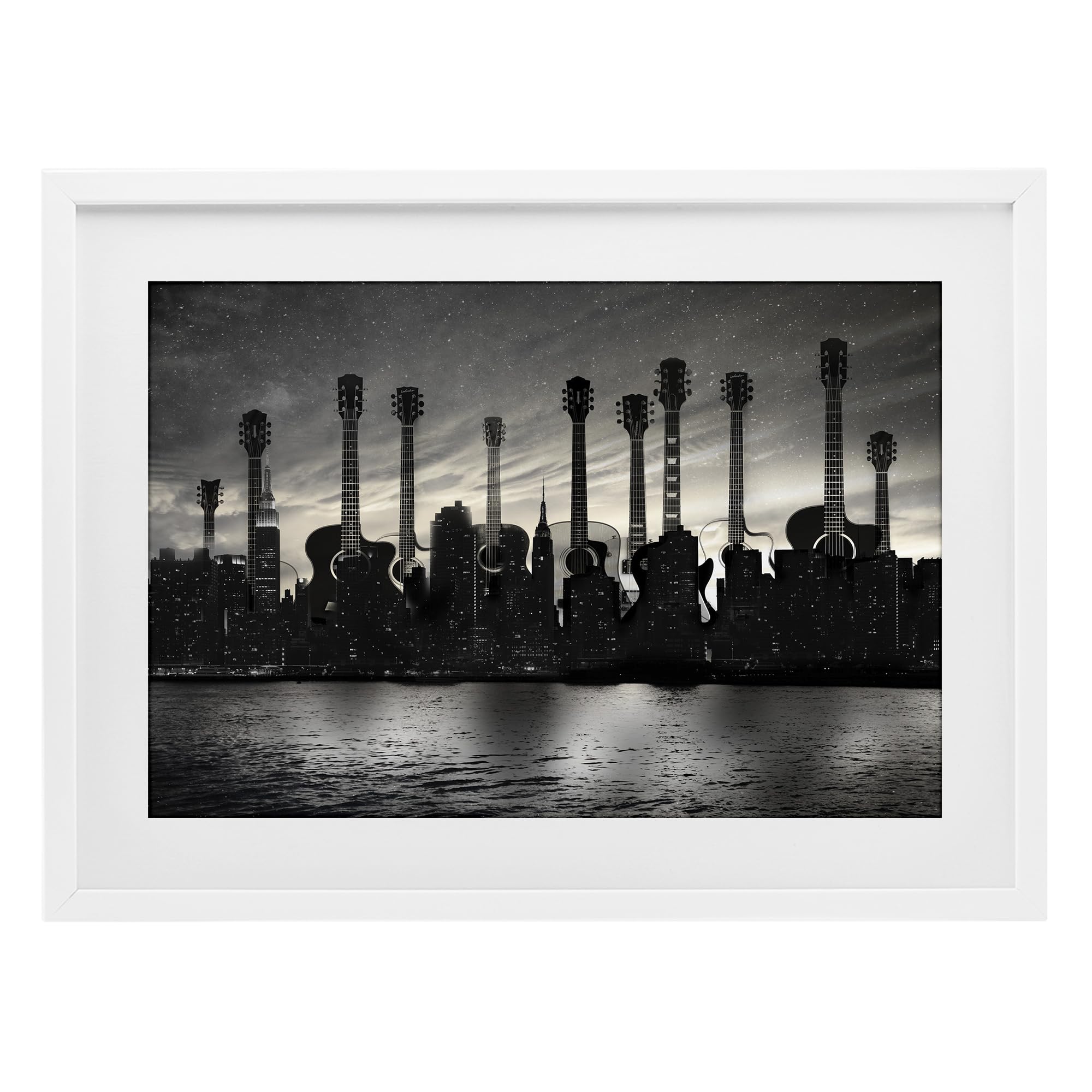 Stupell Industries 'Guitar Skyline Cityscape', Framed Print Under Glass, White, 20 x 14 Inches, Easy to Hang and Sturdy, Made in USA, by CAD Designs