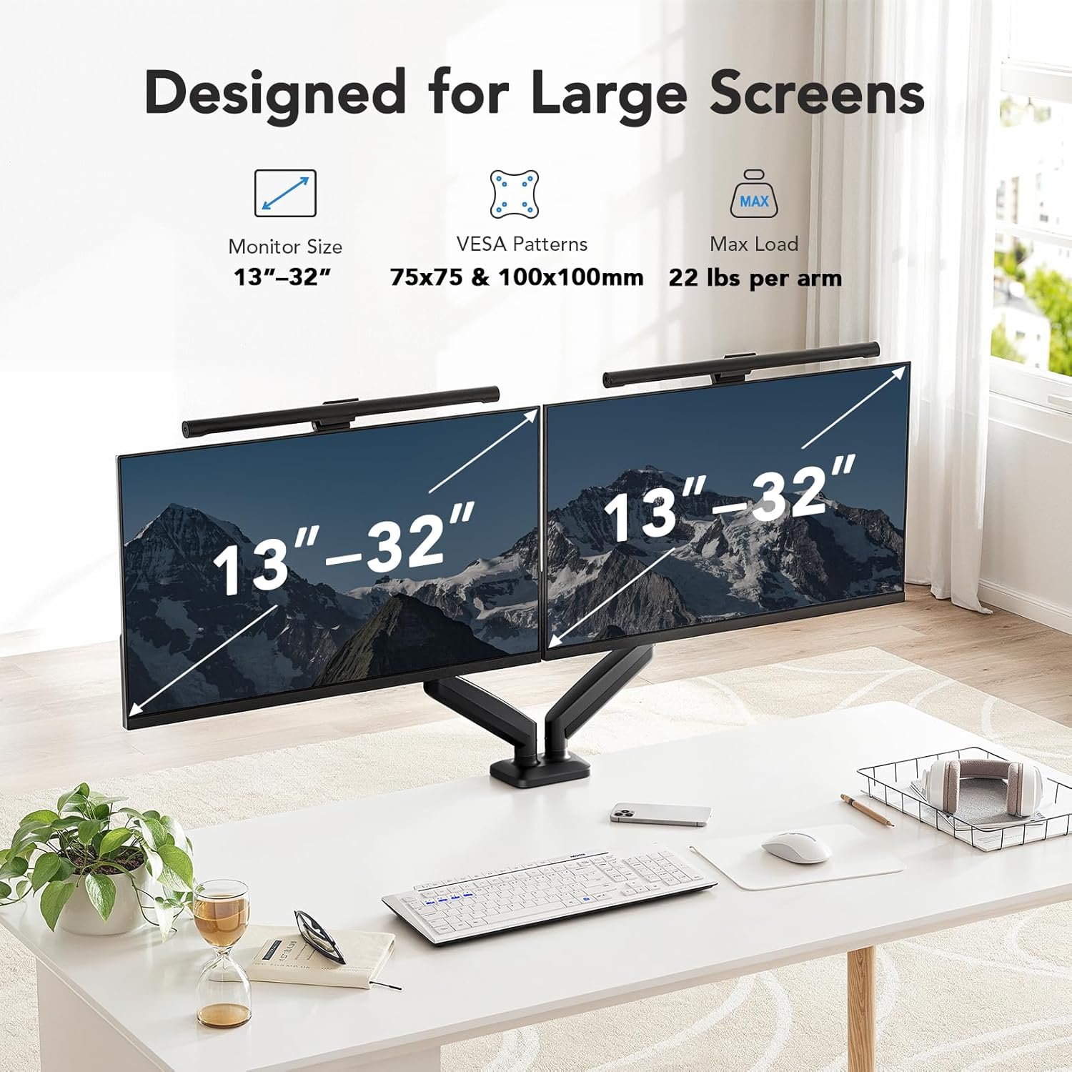 HUANUO Dual Monitor Mount, Mounts 2 Screens Up to 32 Inch, Holds 22 lbs per Arm, Dual Monitor Stand with Excellent Design, Height-Adjustable, Tilt, Swivel & Rotate, VESA Standard 75mm or 100mm - Image 2