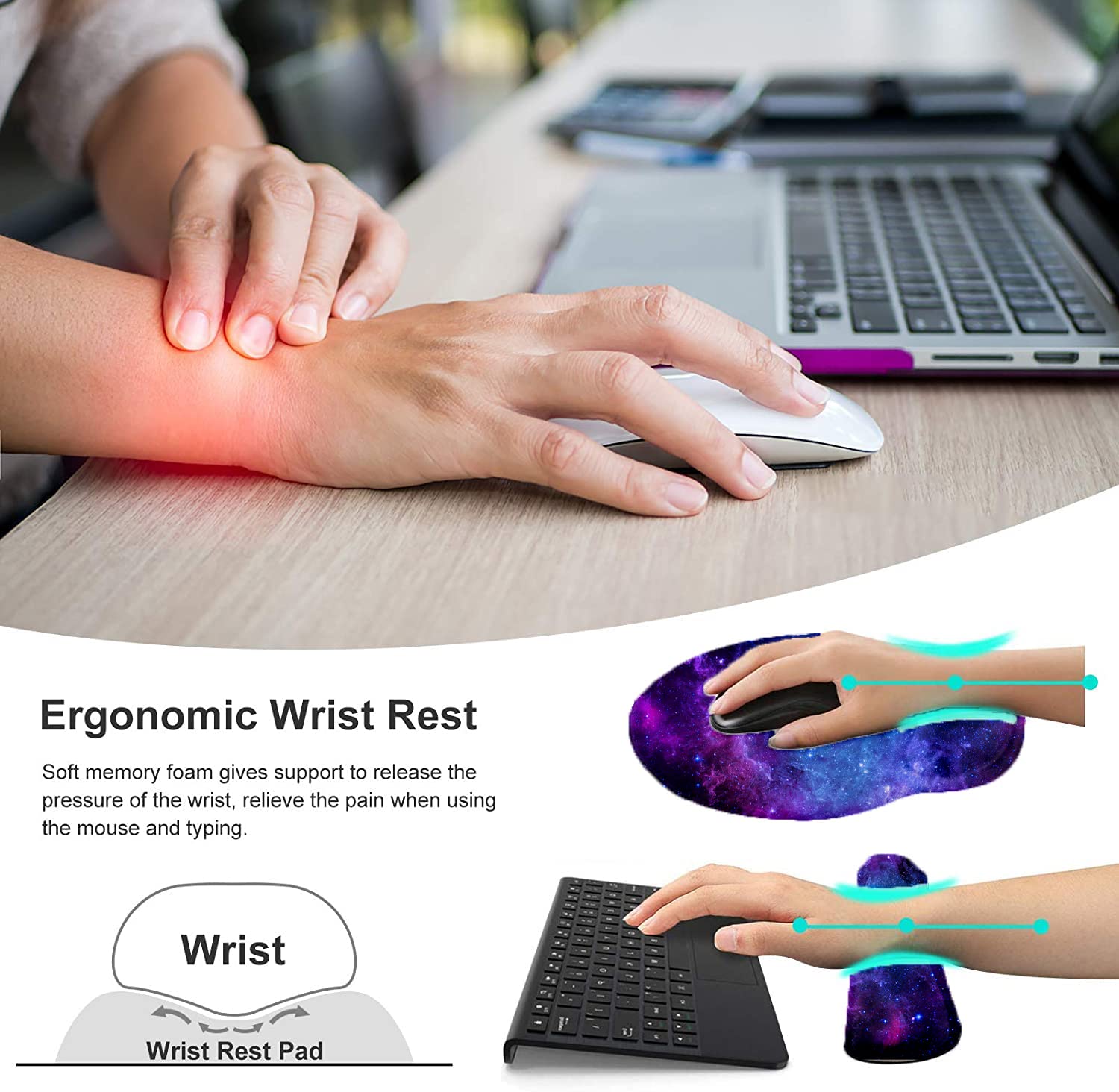 Poggiapolsi e tappetino per mouse con supporto per il polso, tappetino ergonomico per mouse in memory foam, per giochi e ufficio, sollievo dal dolore, set di supporto per il polso