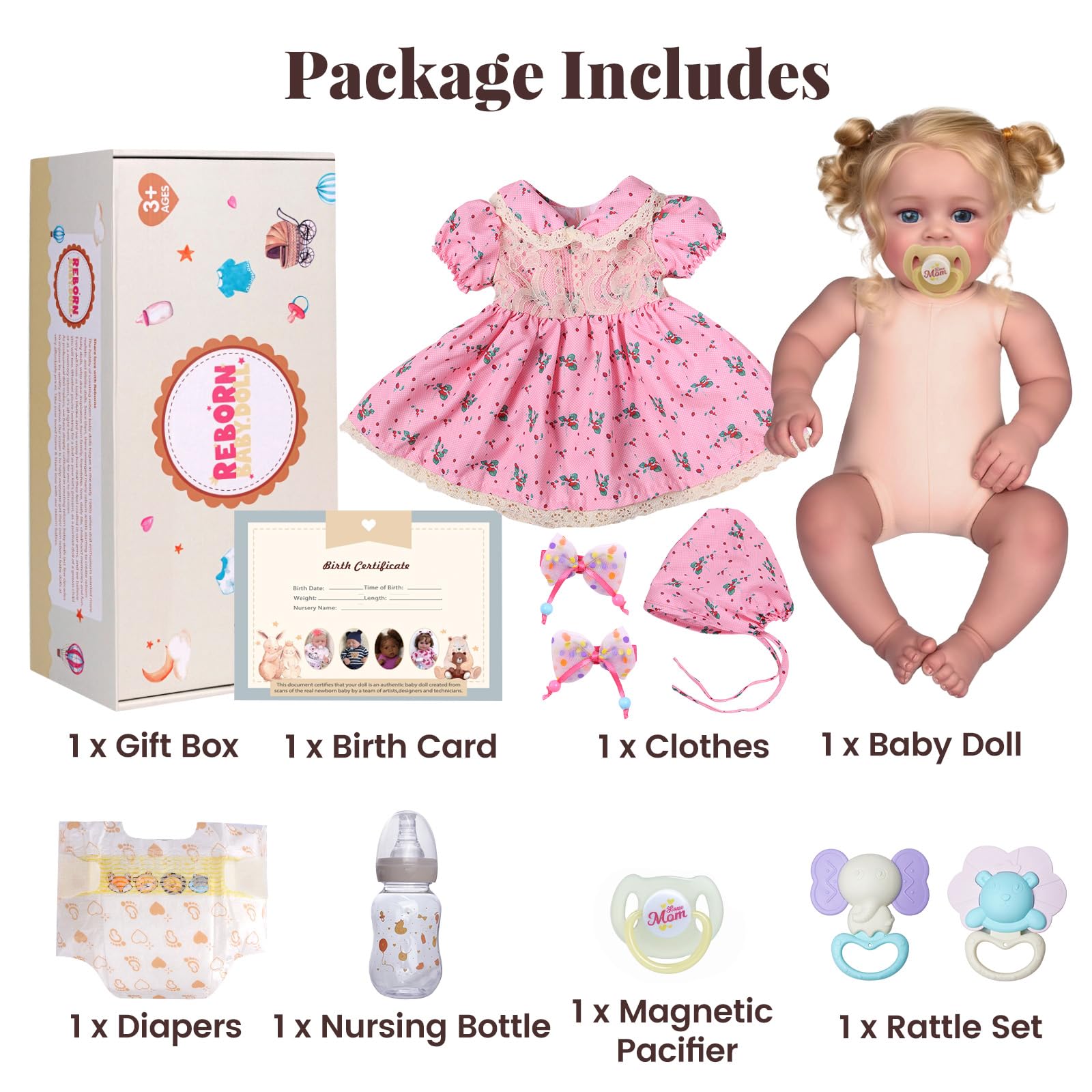 BABESIDE Realistische Babypuppen echte Reborn-Babypuppen 45cm Lebensechte Mädchen Weicher Stoffkörper mit Langen Blonden Haaren, mit Kleidungszubehör für Kinder ab 3 Jahren,Rosa