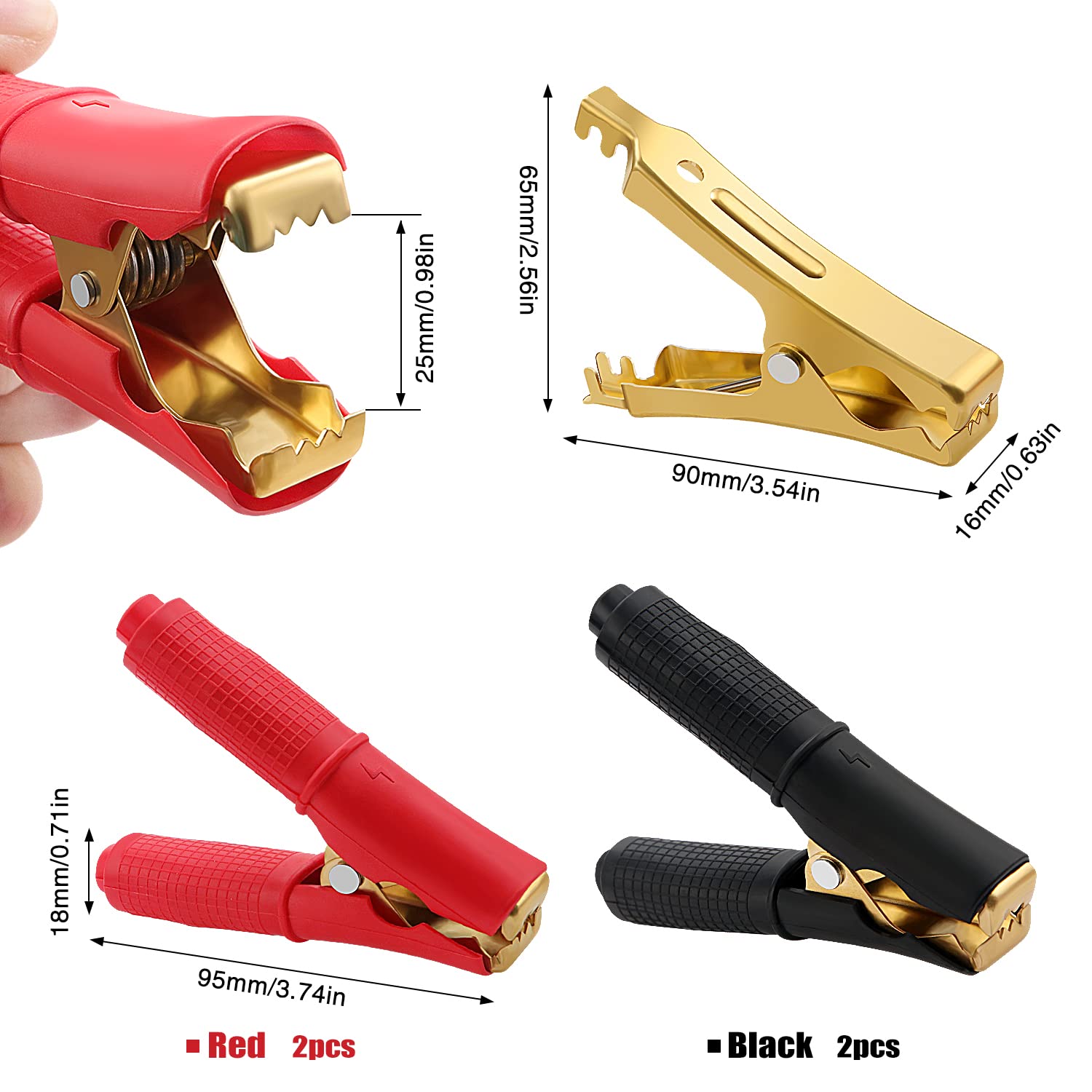VooGenzek 4 Piezas 100A Pinzas de Cocodrilo, Clips de Cocodrilo Aislados, Abrazaderas de Carga de Cobre Puro, para Cable de Carga de Coche (90mm, Rojo + Negro)