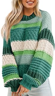 Womens Color Block Sweater Striped Chunky Knit Cropped Sweaters Crewneck...