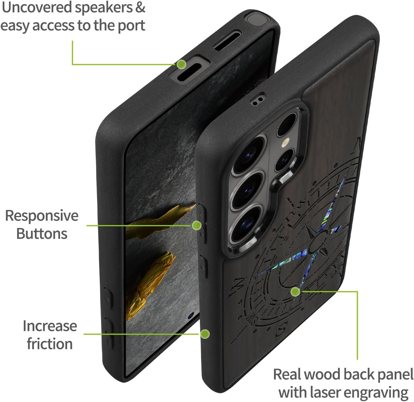 Carveit Magnetic Wooden Case for Samsung Galaxy S26 Ultra Case, Wood Artisan Engraved & Handmade Shell Inlaid, Compatible with MagSafe Wireless Chargers (Incomplete Compass) Blackwood