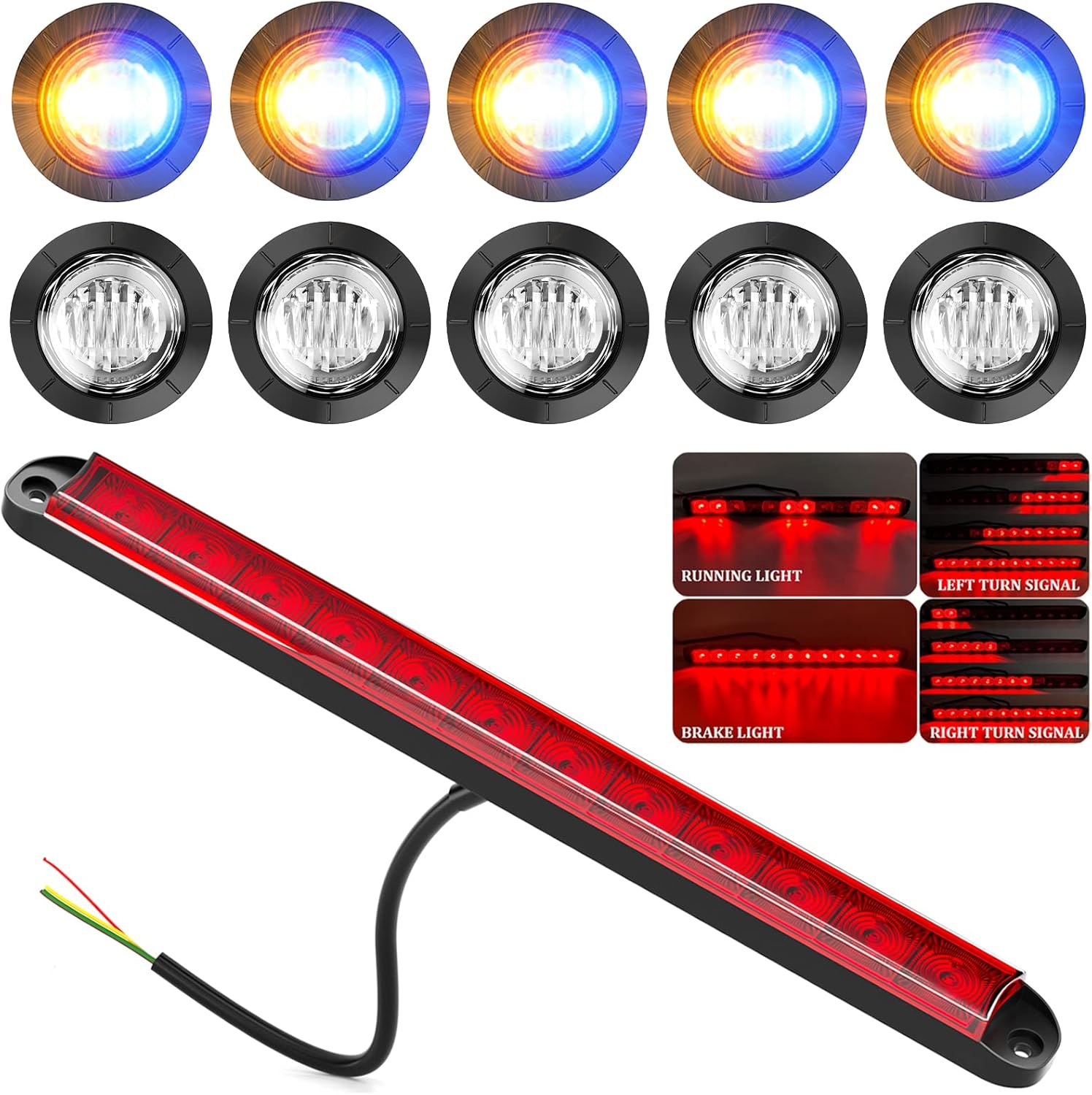 BJZ 16'' Trailer LED Lights Bar Red 12LED Brake Stop ID Left Right Turn Signal Light Strip, 1Pcs + 10Pcs 3/4" Round Trailer Marker LED Lights Amber to Blue Side Clearance Turn Parking Bullet Light