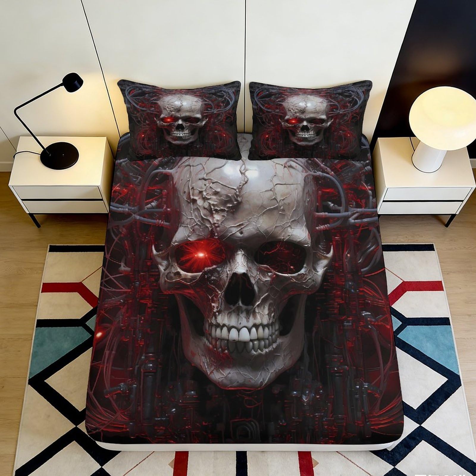 Dhbaneiok Style-2 3D Printed Cyber Skull Fitted Sheet Microfiber Soft Breathable Red Eye Mattress Cover For Bedroom Dorm Decor 90X200x25cm