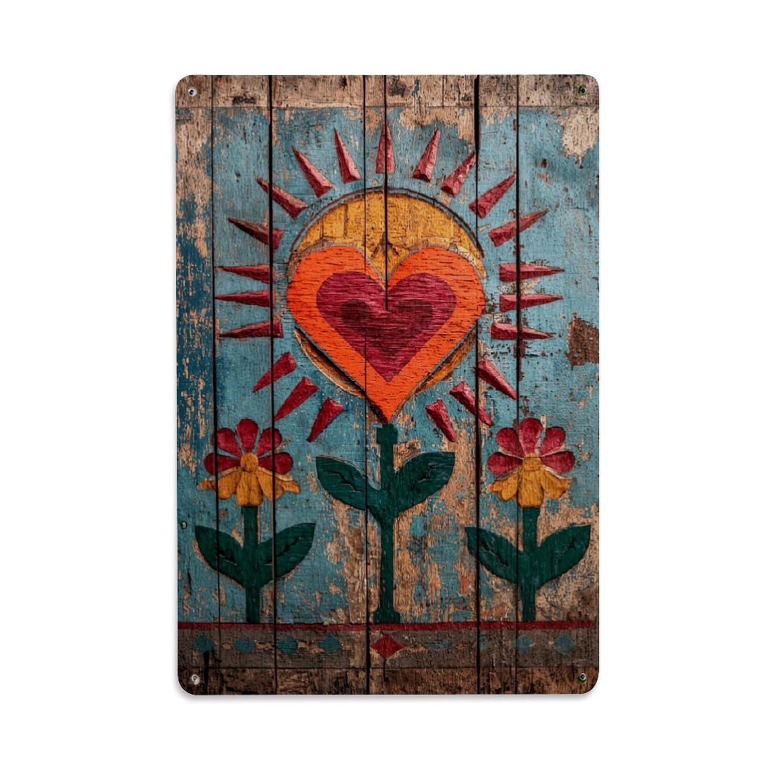 Nestemfo Vintage Folk Art Heart Sun Flower Tin Sign Metal Sign, Living Room,Bar, Home, Bedroom Wall Decor,Retro Metal Poster 8X12 Inches
