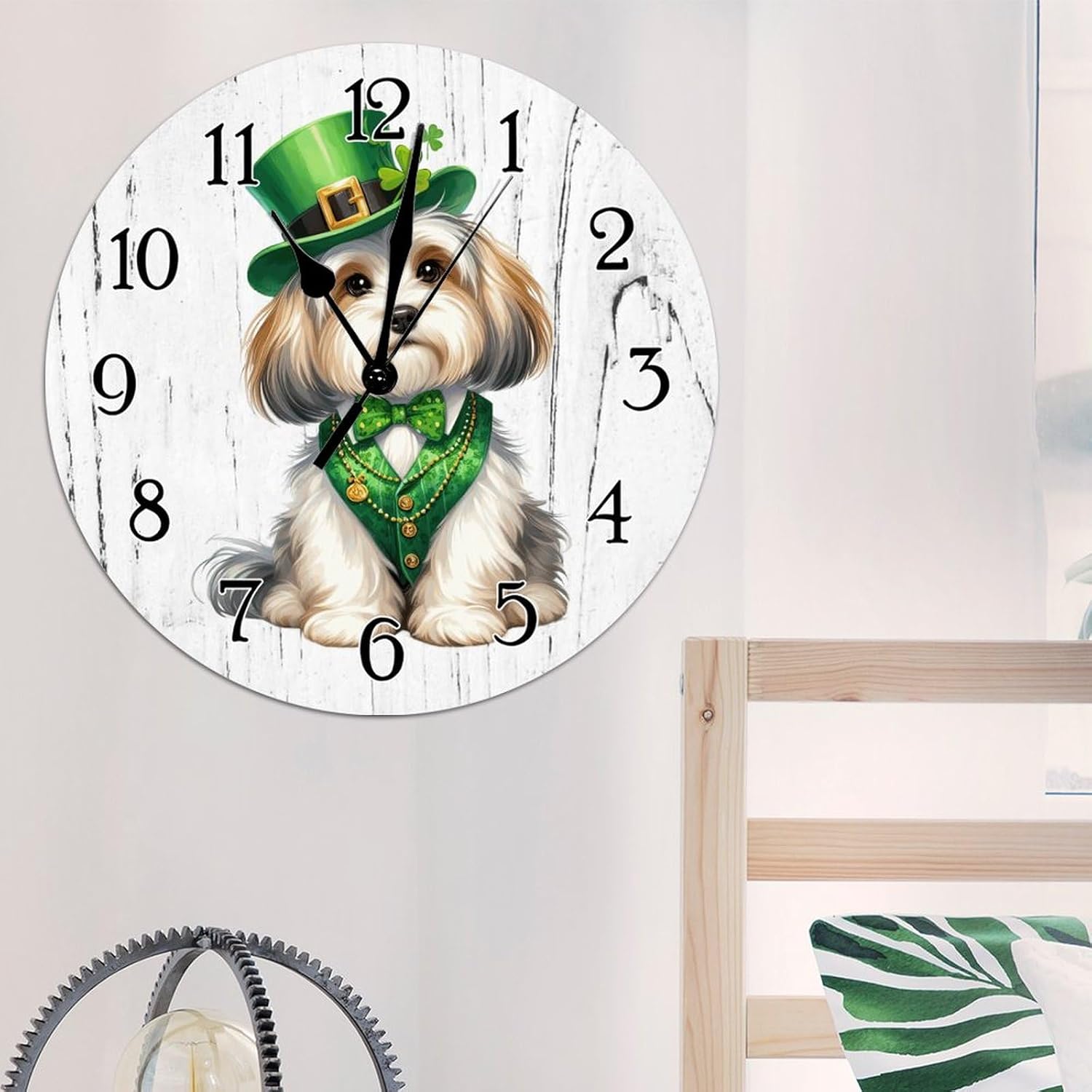 Havanese Dog St. Patrick's Day Decorative Wall Clock Havanese Dog Green Leprechaun Hat Leaf Clock Dog Owner Gift Art Clocks Battery Operated Silent Wall Clock for Home 12x12in