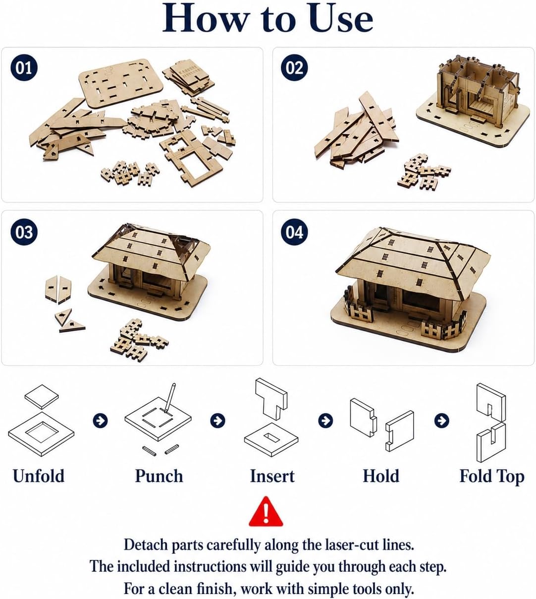 Chogajip, Korean Architecture Model Kit, 36 Piece Paintable MDF, 초가집