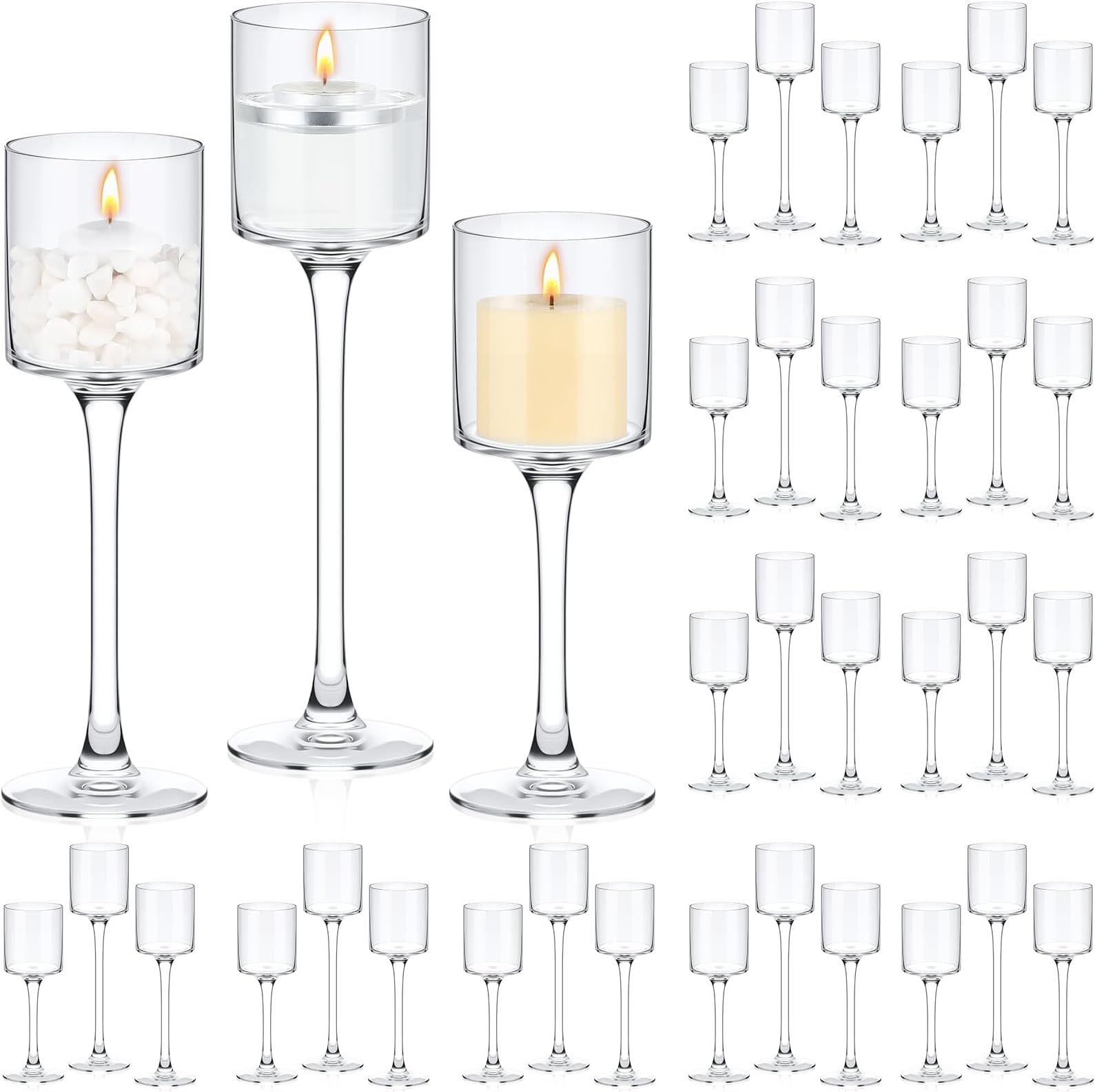 Yaomiao 36 Pcs Tall Glass Candle Holder Floating Candles for Centerpieces Clear Tall Tea Light Candleholders for Wedding Party Dining Bathroom Table Pillar Settings, 3 Sizes 7.87"& 9"& 10.2" H