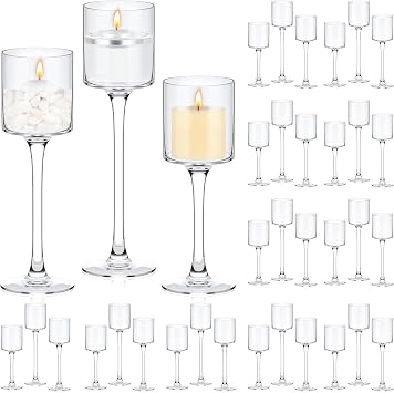 36 Pcs Glass Candle Holders, 3 Sizes Table Centerpiece, Clear Long Stem