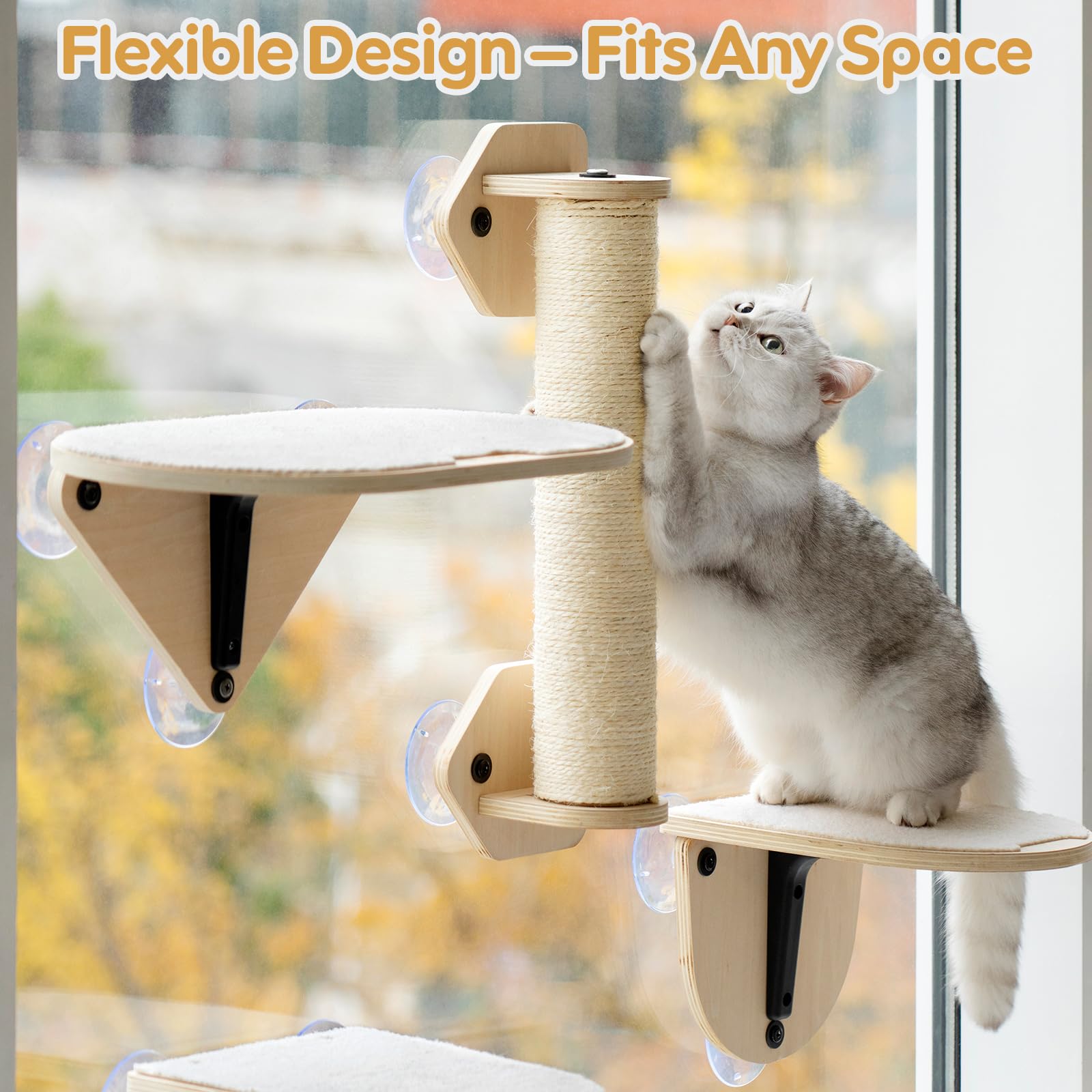EDAGNY Katzenfenstersitzstange, Katzenkratzbaum und Katzenplattform mit starken Saugnäpfen für Hauskatzen (Grundfarbe, 3 PCS Set)