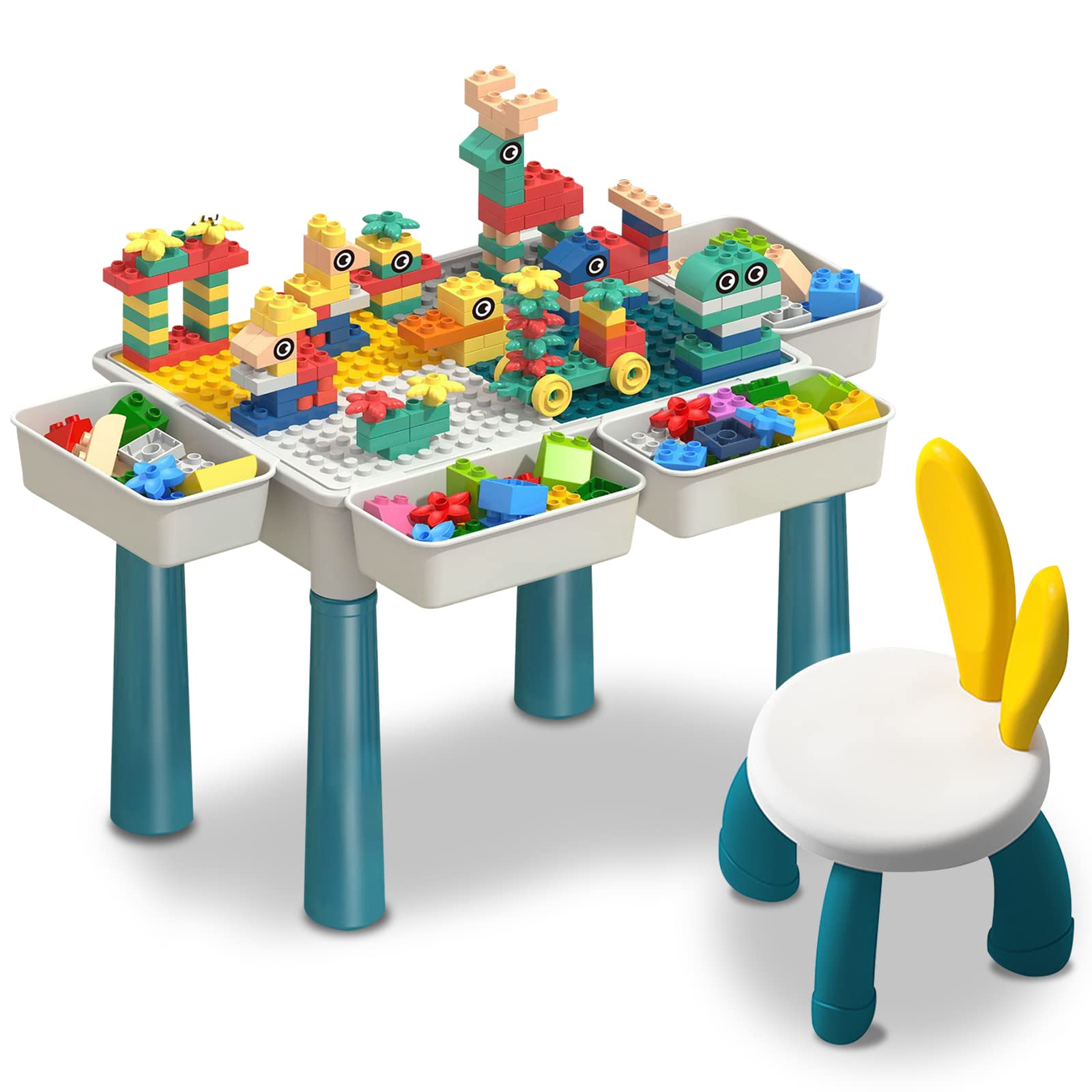 ACHAS Kids Activity Table Set with 1 Chairs, 4 Storage Boxes and 160 Pcs Blocks, Building Blocks Table for Toddlers