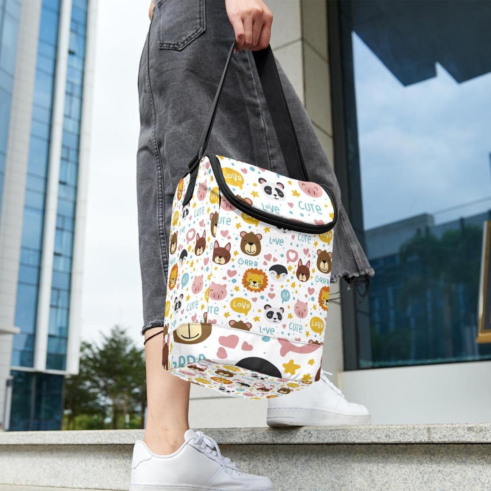 Borsa per il pranzo in neoprene con giraffa in stile cartone animato, morbida borsa termica per il pranzo, borsa termica per picnic, per donne e uomini