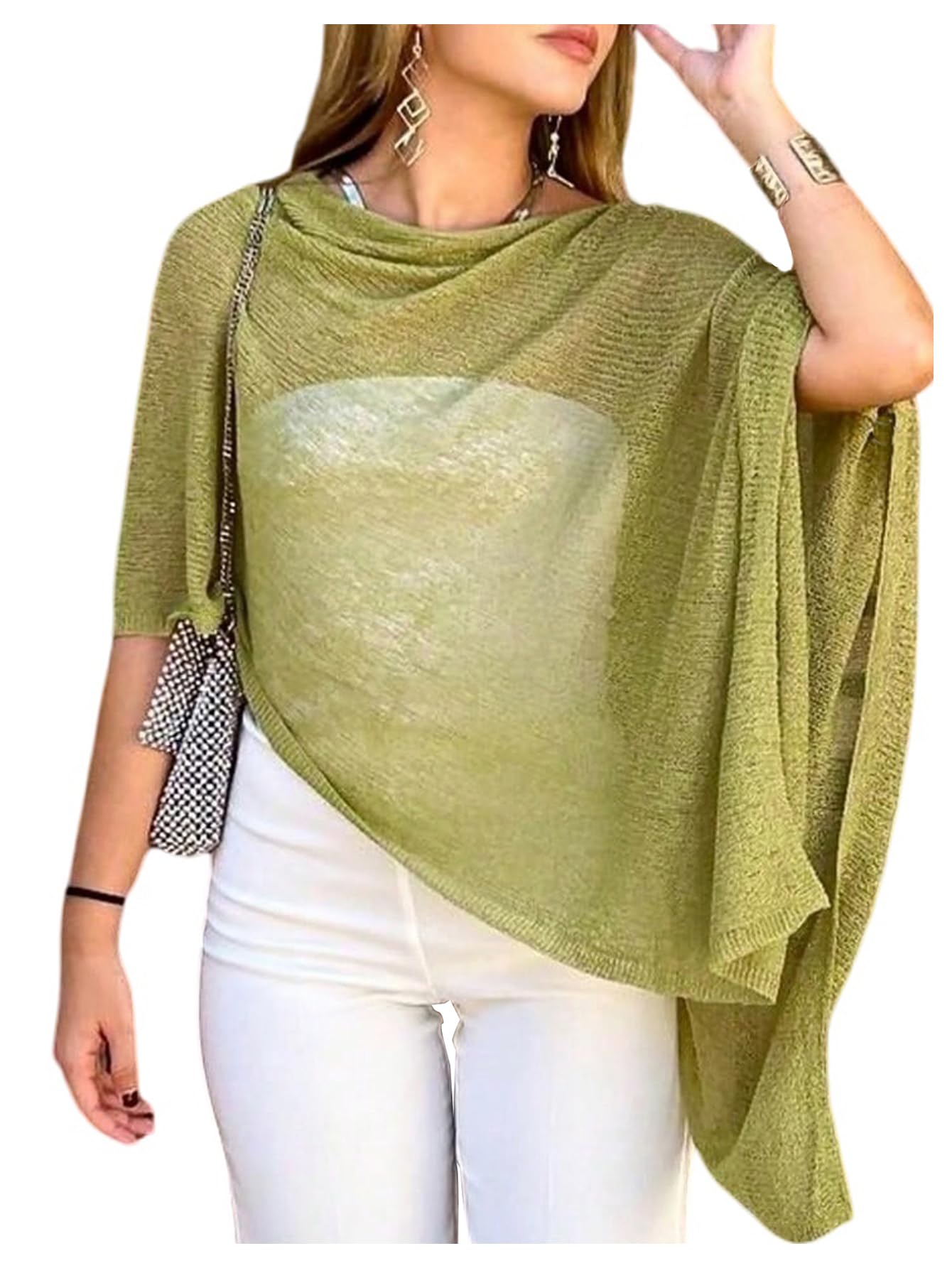 SHENHE Womens Plus Size Knit Poncho Sweater Sheer Lightweight Shawl Wraps Sweater Cape Shrug