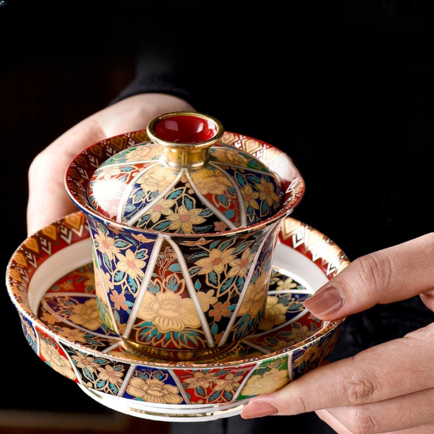 珐琅彩青山小野三才盖碗 Glass Tea Cup,Ceramic cup Set,Zi Sha Tea Cup,Ceramic Teapot,Purple Clay Tea 青山小野珐琅彩三才盖碗 Ceramic Coffee Mugs Set,Microwave & Dishwasher Safe,Gift for Man and Women
