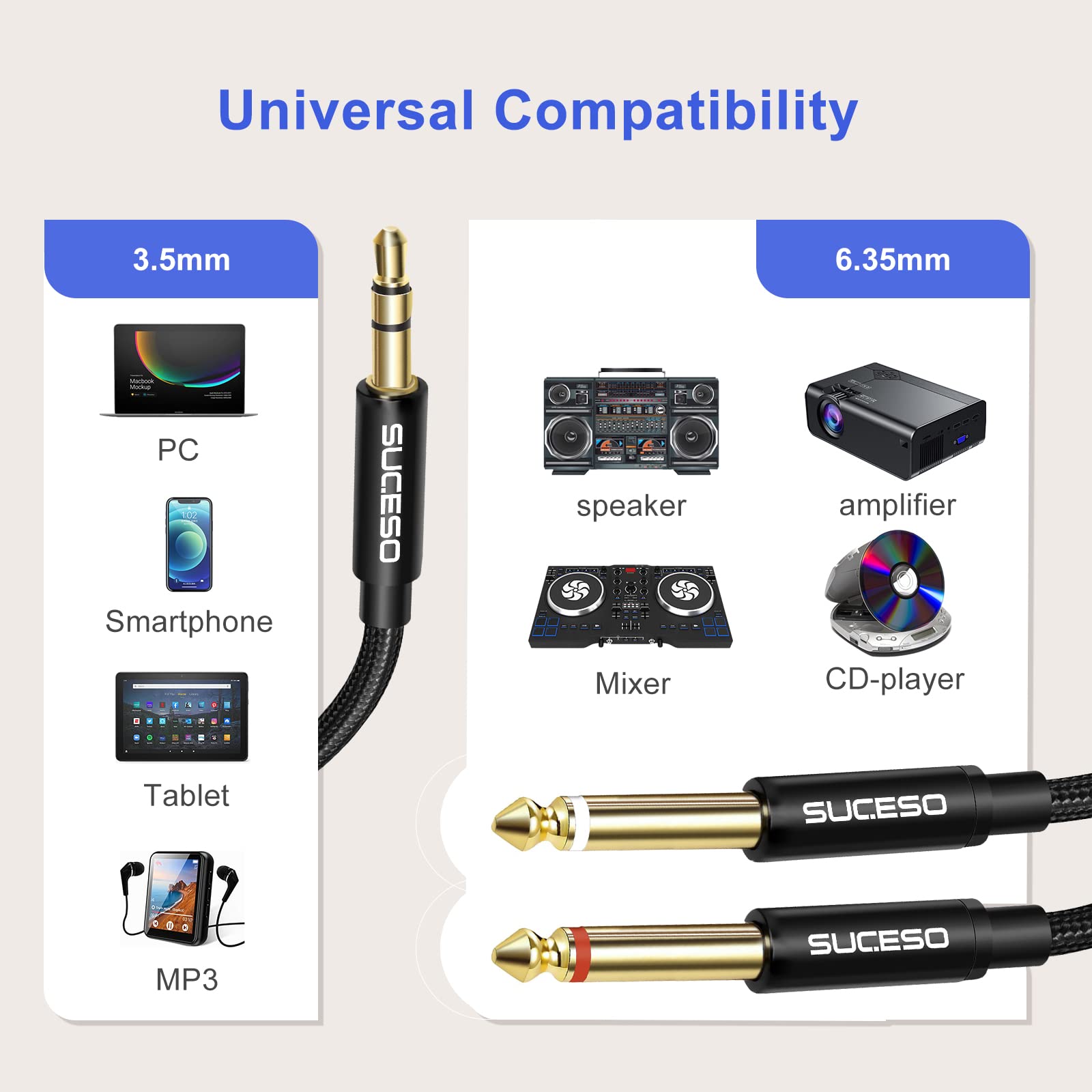 SUCESO 3.5mm to Dual 6.35mm Audio Cable 1/4" Male to 1/8" Male Stereo TS Jack Mono Y Splitter Nylon Braided Digital Interface Cable Instrument Cable for Mixer Guitar - Image 3