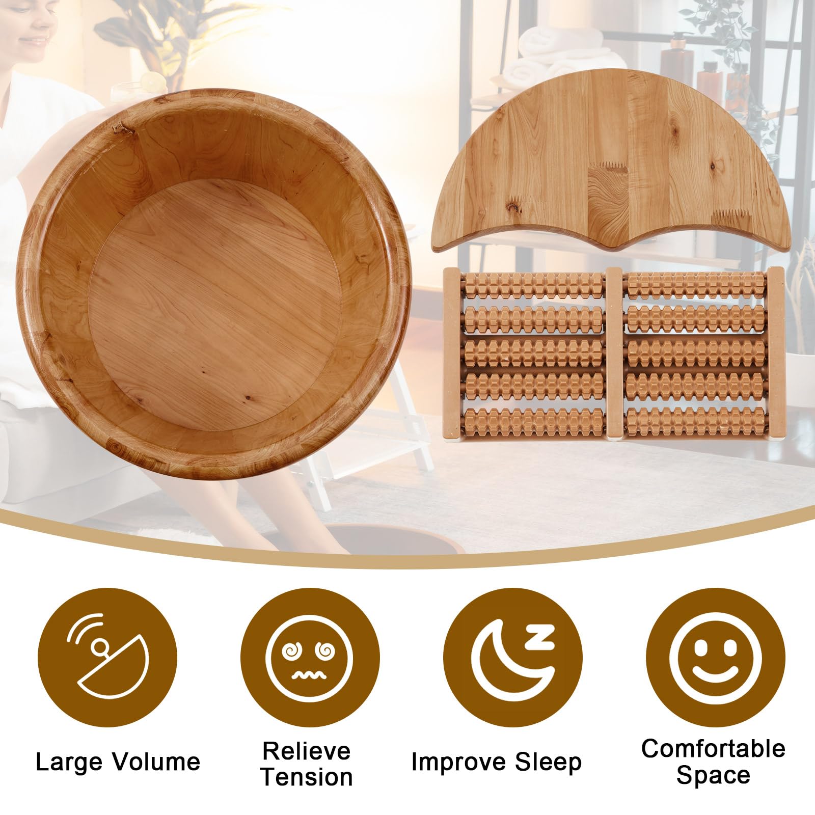 Geelin Seau de bain de pieds en bois de 26 cm de haut avec rouleau de massage et couvercle, bassin à pieds en bois épais isolé pour la relaxation, les semelles de massage, convient pour les familles