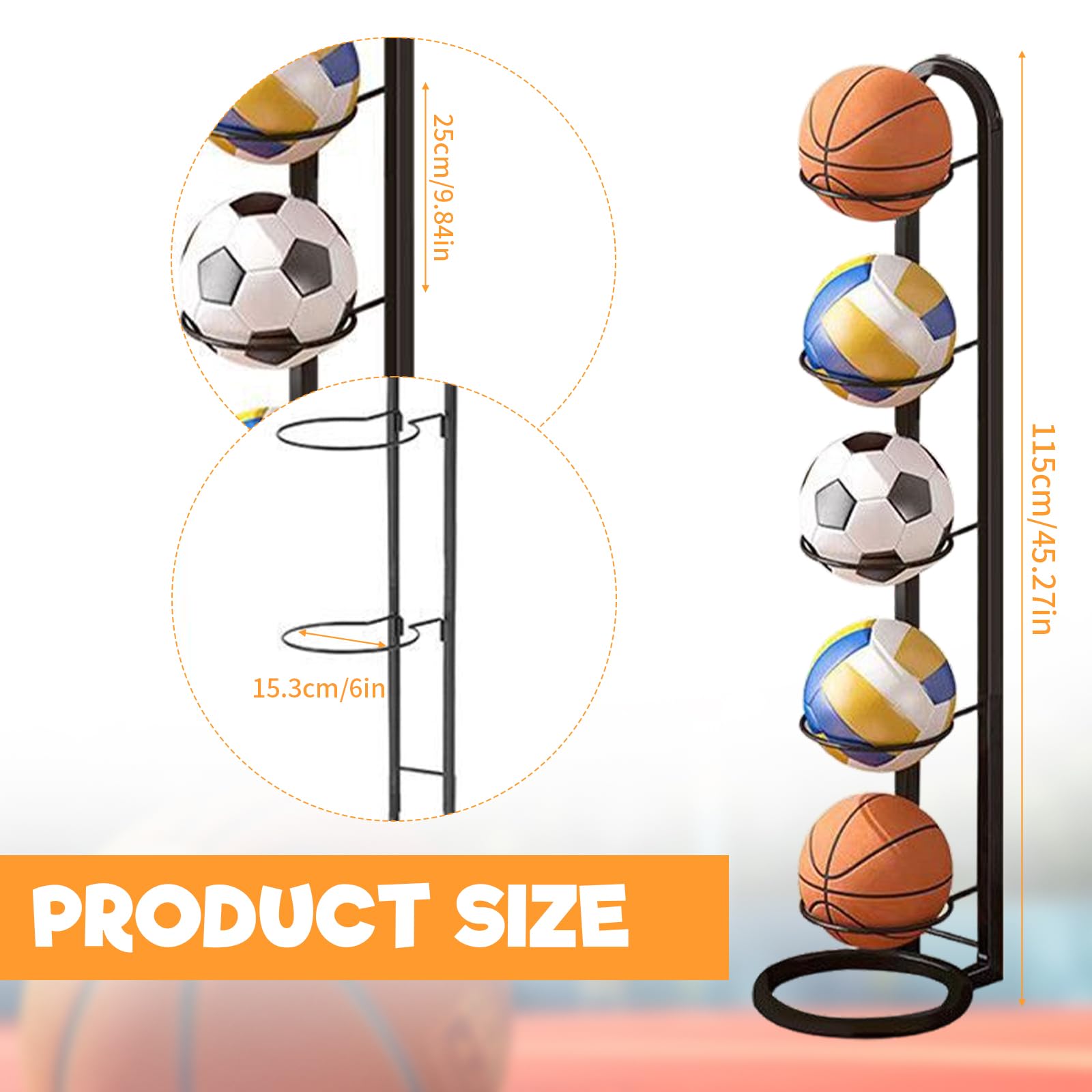 5 Stufiger Ballständer Schwarz, Vertical Ballhalter Abnehmbare Ballregal Sportgeräte Organizer Stabil und robust Balllagerregal für Basketball Fußball Volleyball