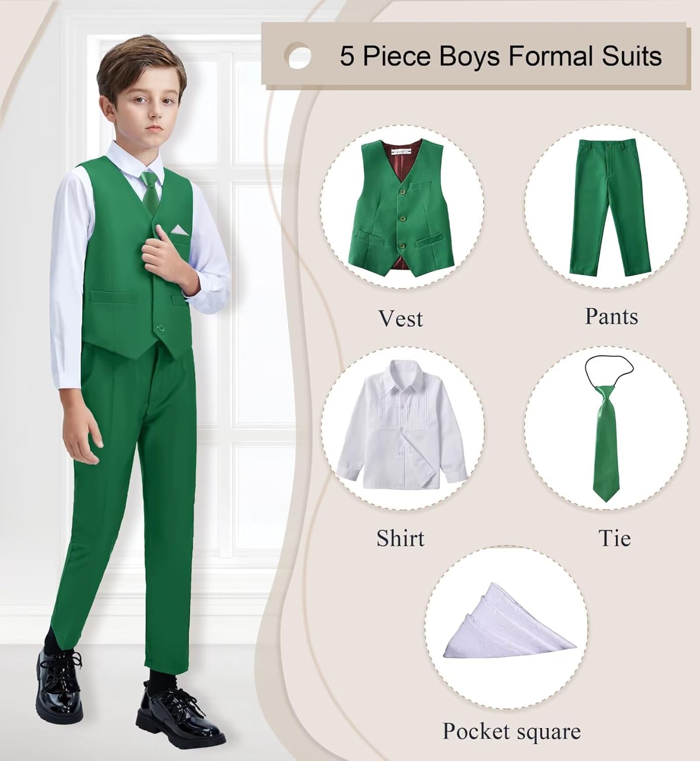 Boys Suit Formal Dress Pants Vest Suit Set for Boys Wedding Outfits with Dress Shirt Tie and Pocket Square