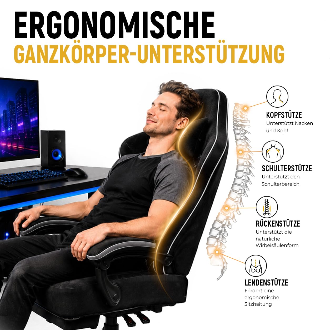 Gaming Stuhl Gamer Sessel - Tech-Stoff, hochdichter Schaum, Taschenfederung, 150 kg, mitlaufende Armlehnen, verstellbare Rückenlehne (90-135°), Fußstütze, Schwarz