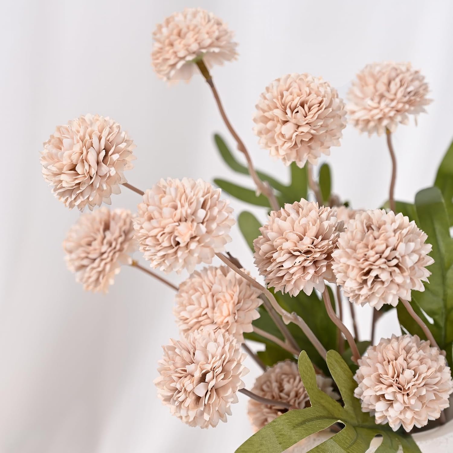 Waipfaru 10pcs Fake Silk Pompon Mum Artificial Flowers, Bulk Faux Mini Chrysanthemums, for Centerpieces Wedding Fillers Champagne Arrangements Boho Decor, No vase, Beige