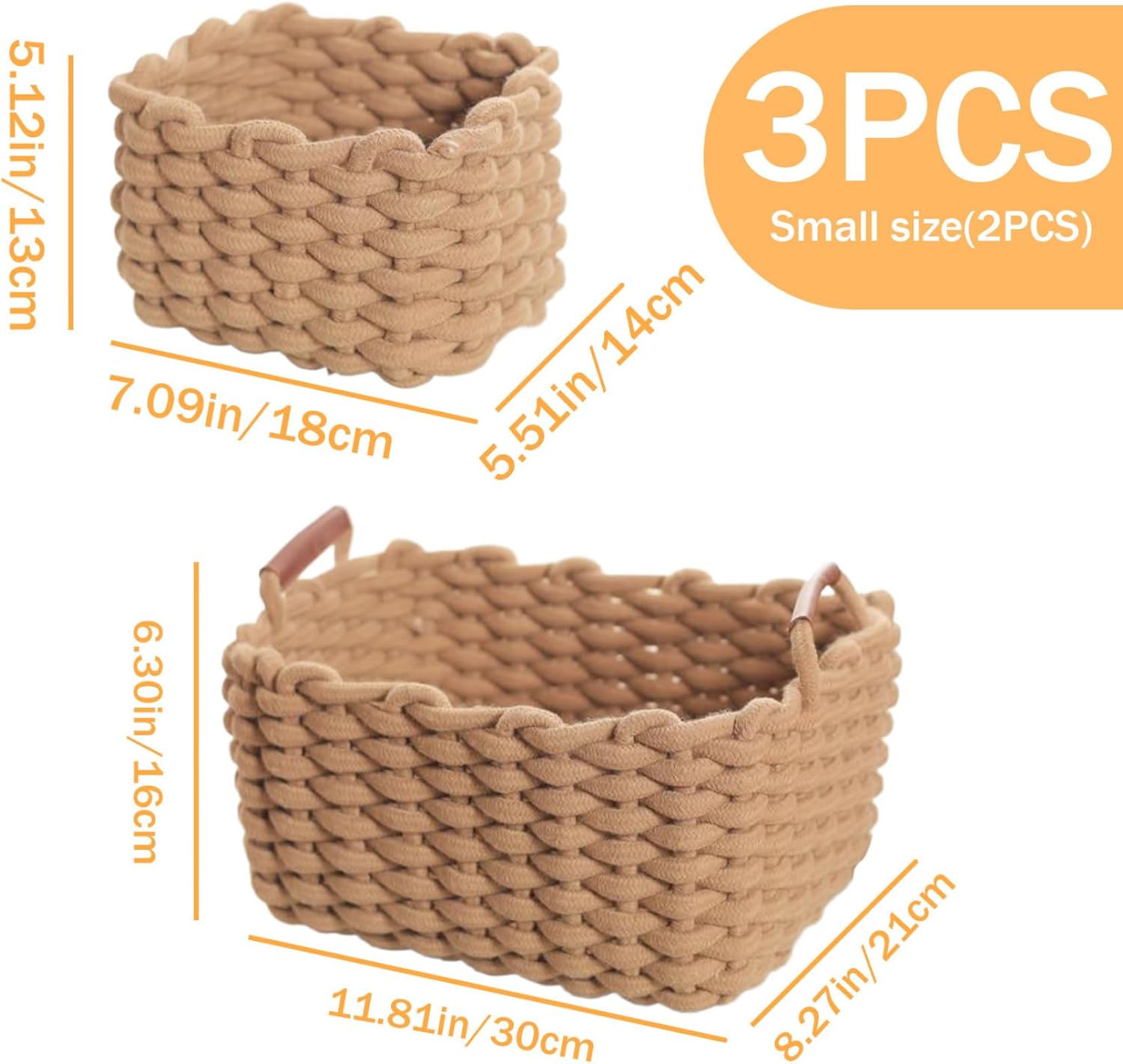 Cotton Rope Basket 1Pc Rectangle Braided Basket and 2Pcs Small Woven Basket Storage Basket with Handles Baby Nursery Bin for Toys, Diapers, Makeups Brown, Woven Basket