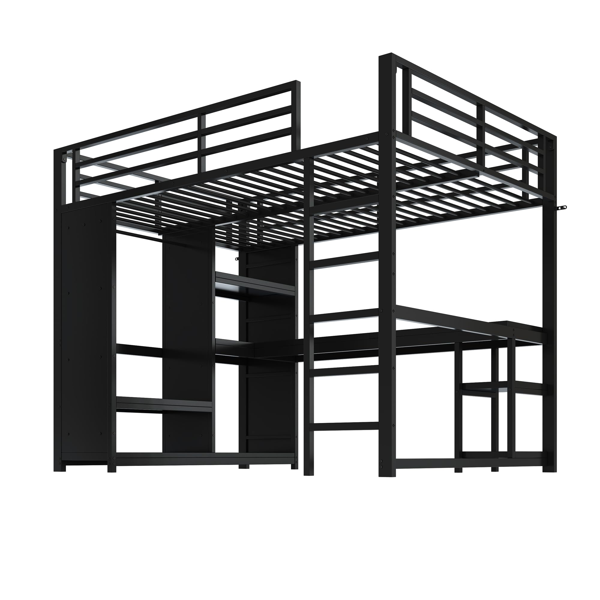 Kebnor Cama alta de metal para videojuegos con LED, escritorio, armario abierto y estantes de almacenamiento, color negro (140 x 200 cm)