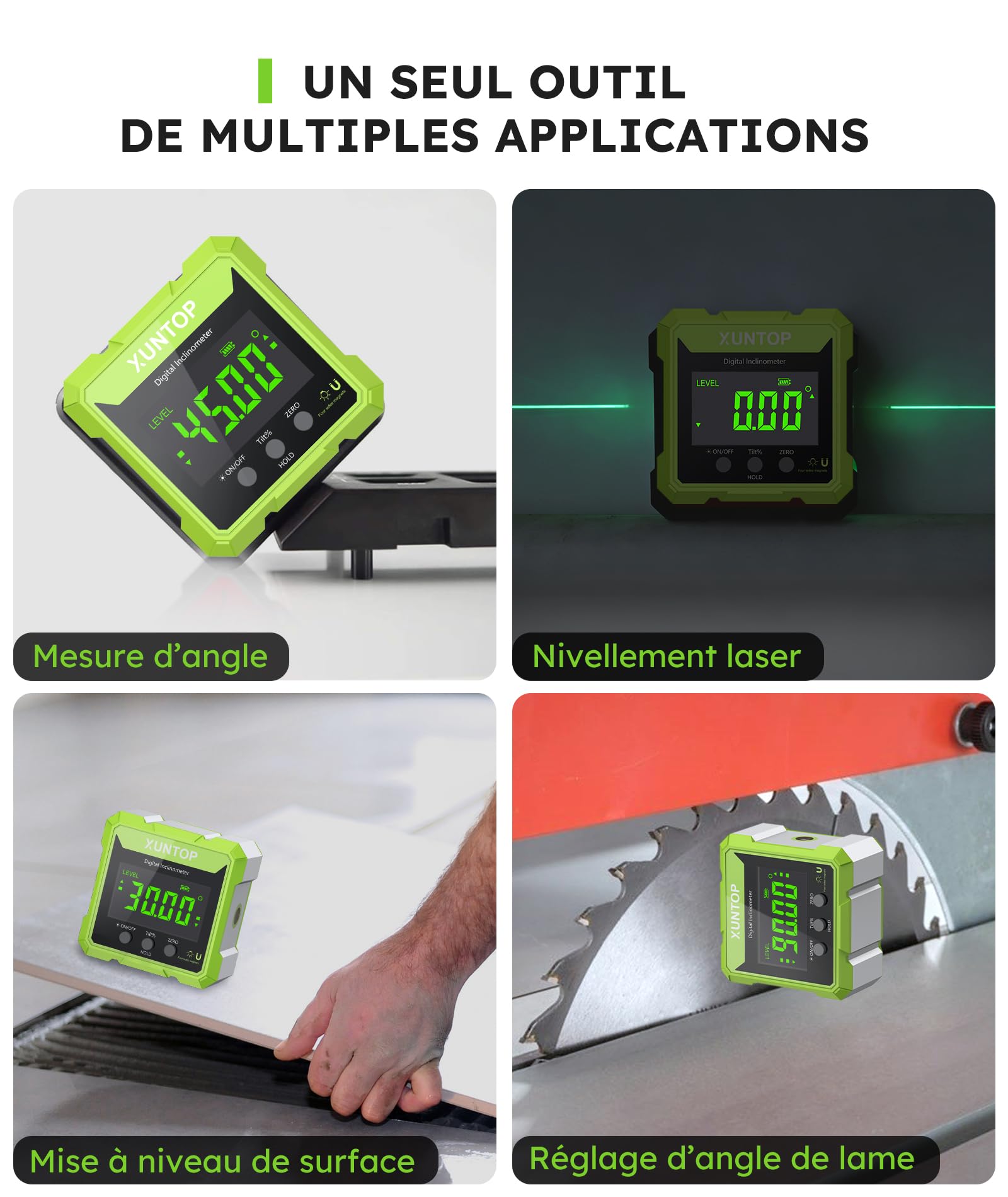 XUNTOP Inclinomètre Numérique 360° avec Laser Vert Haute Visibilité – Niveau Laser Électronique Magnétique 4 Faces, Écran VA Vert Fond Noir, USB-C Rechargeable, IP54, Outil Mesure d’Angle pour Menuise
