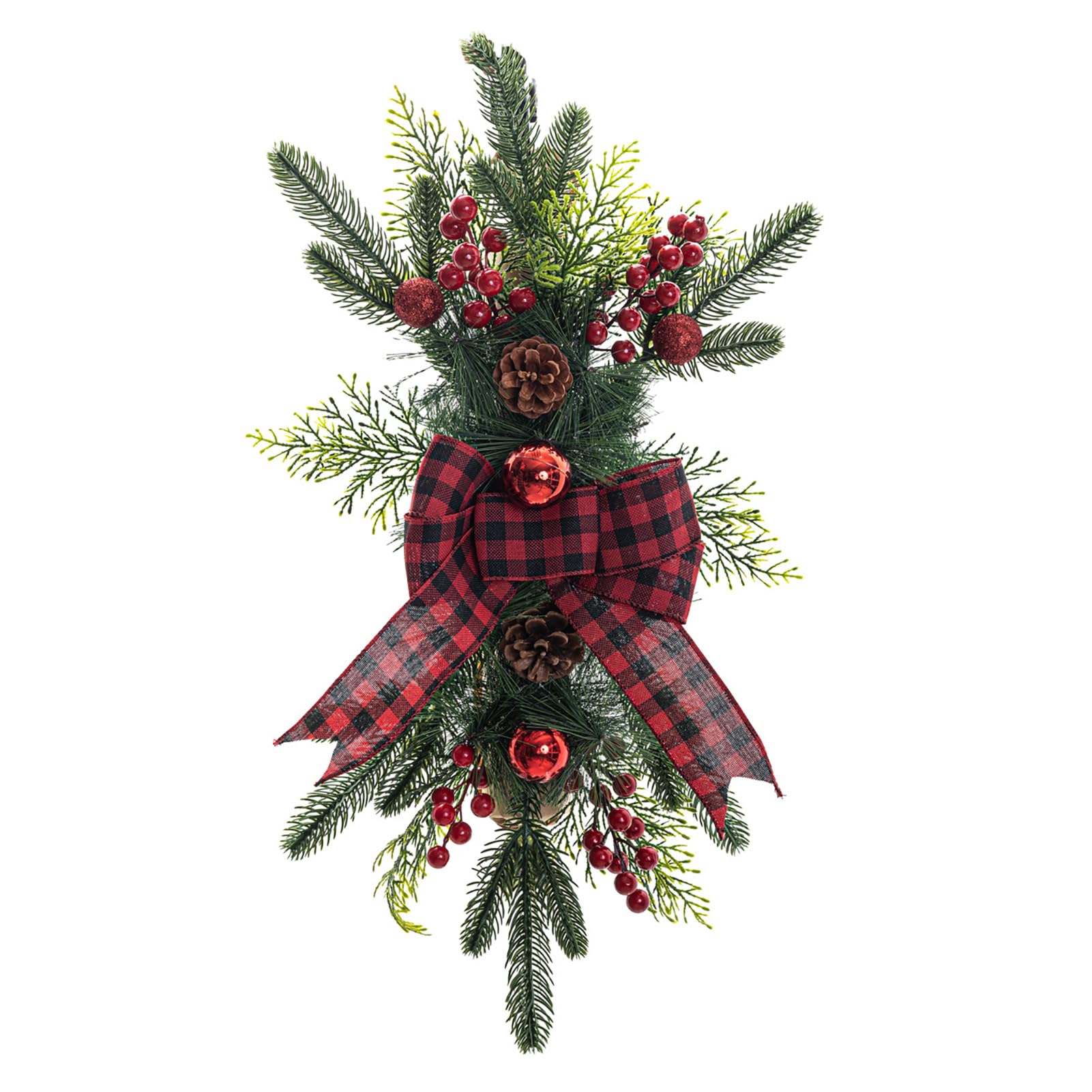 HFEHSKJ Artificial Christmas Teardrop Swags, 23.6 inch Xmas Wreaths for Door, Rustic Stair Garland with Christmas Ball and Bow, Christmas Swags Garland for Staircase Wall Window Decor (B)