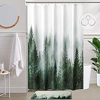 Vista 23 de ORTIGIA Cortina de ducha de 78 pulgadas de bosque neblinoso verde oscuro para baño, juego de cortina de ducha de naturaleza y bosque con ganchos