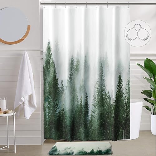 Miniatura 23 de ORTIGIA Cortina de ducha de 78 pulgadas de bosque neblinoso verde oscuro para baño, juego de cortina de ducha de naturaleza y bosque con ganchos