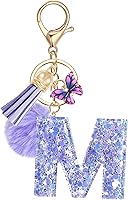 JSRQT Purple Butterfly Initial Keychain for Girls - Personalized Letter Bag Charm, Resin Acrylic Alphabet Keyring Poms