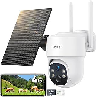 GNCC 4G LTE Cellular Security Camera Wireless Outdoor, Solar Powered Battery Cameras Pan Tilt Control, Spotlight 2K Night Vision, 2 Way Audio, Motion Detection, No WiFi, 64GB Micro SD, SIM Card