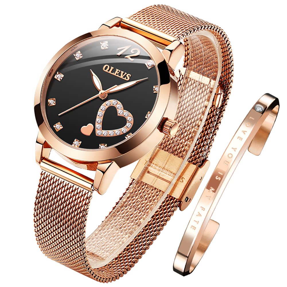 OLEVS Damenuhr Roségold mit Herz Diamant Quarz Armbanduhr Wasserdicht Gürtel Armreif Set