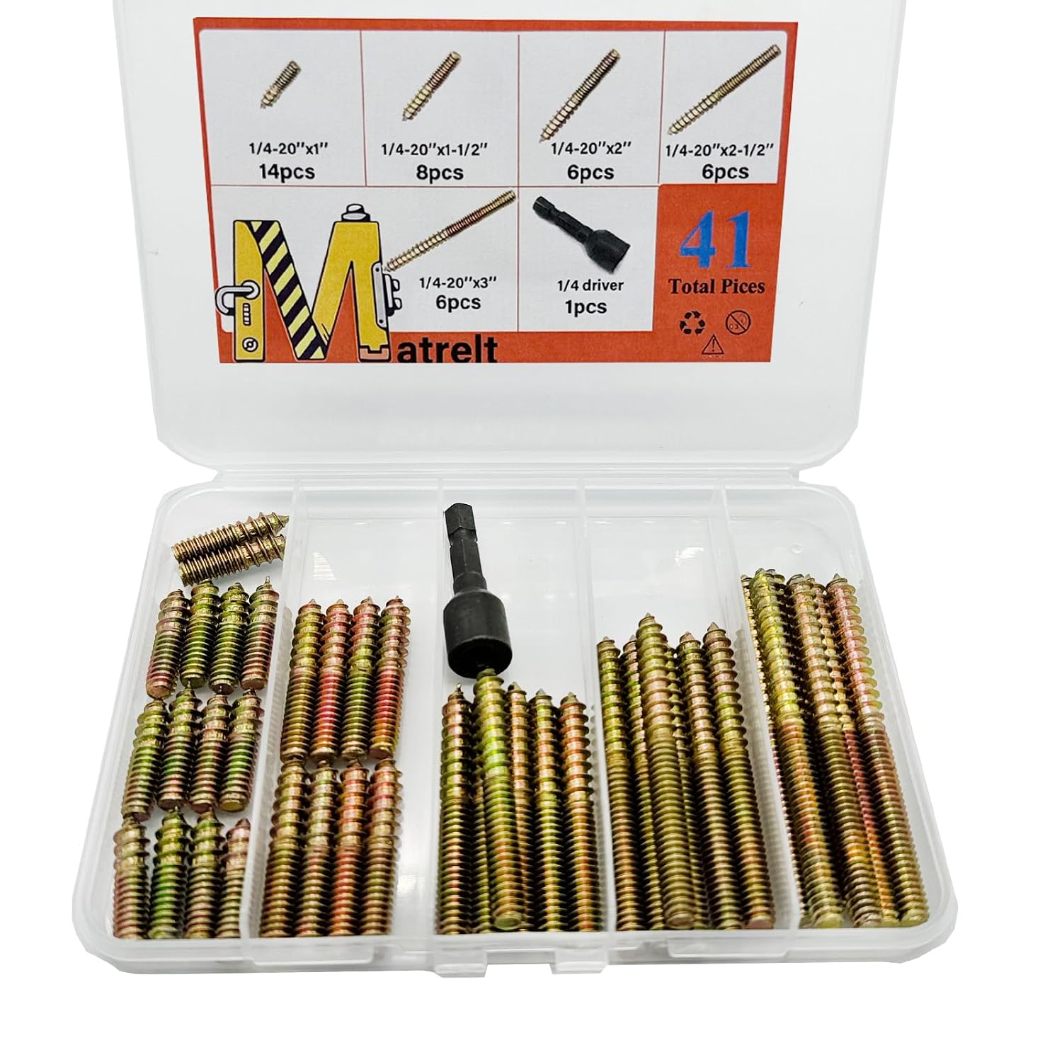 41 Pack 1/4-20" Hanger Bolts 5Sizes 1-3 Inch Include1 pcs Hanger Bolt Driver Double Headed Bolts Wood Dowel Screw Self-Tapping Screw for Furniture Screws Wood Screws Double Threaded Rods