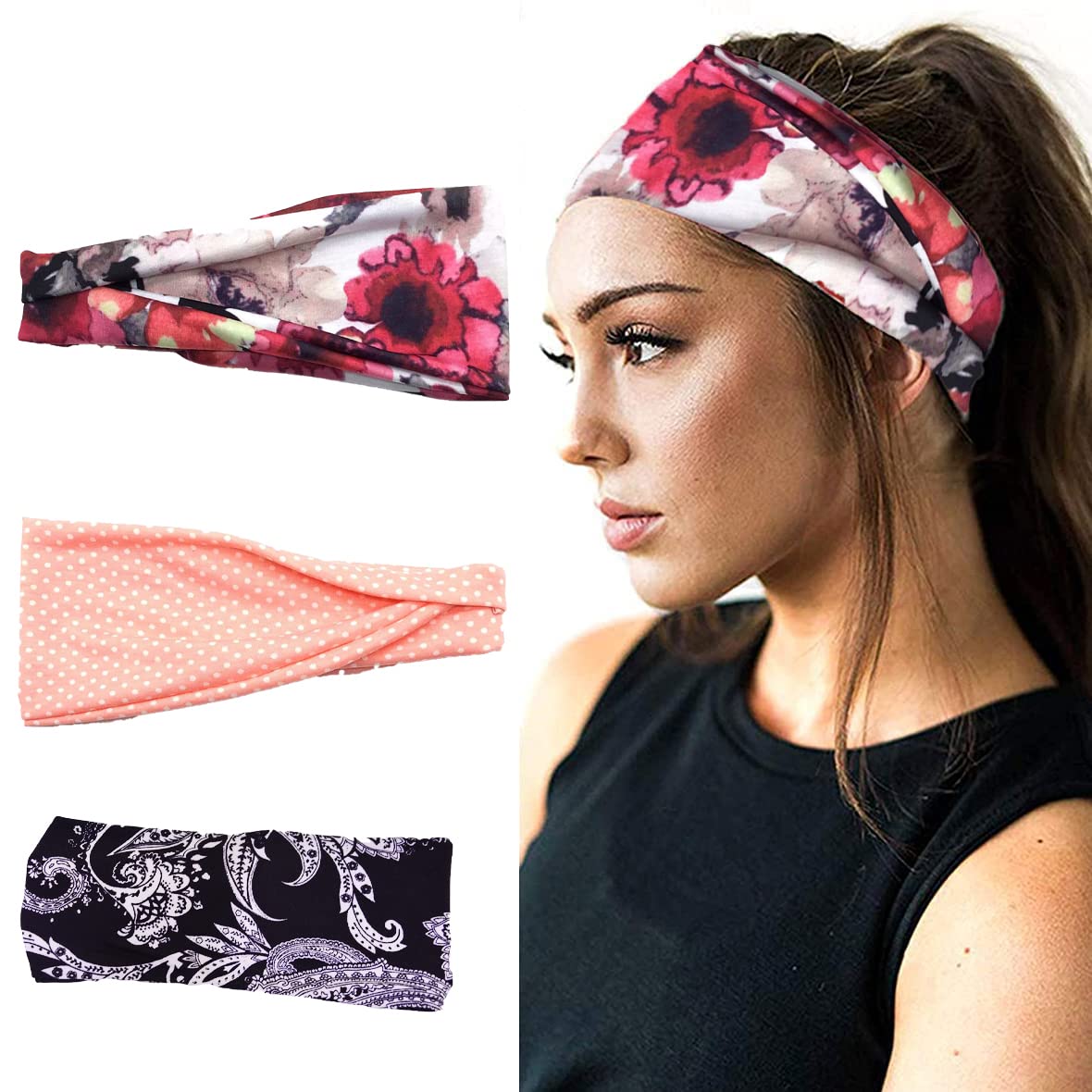 MOMISY 3Pcs Headbands for Women Yoga Running Sports Workout Hiking Hairband Elastic Non Slip Sweat for Girls- Black Peach Red Flower (B09PKY9WYK) Amazon Price History, Amazon Price Tracker