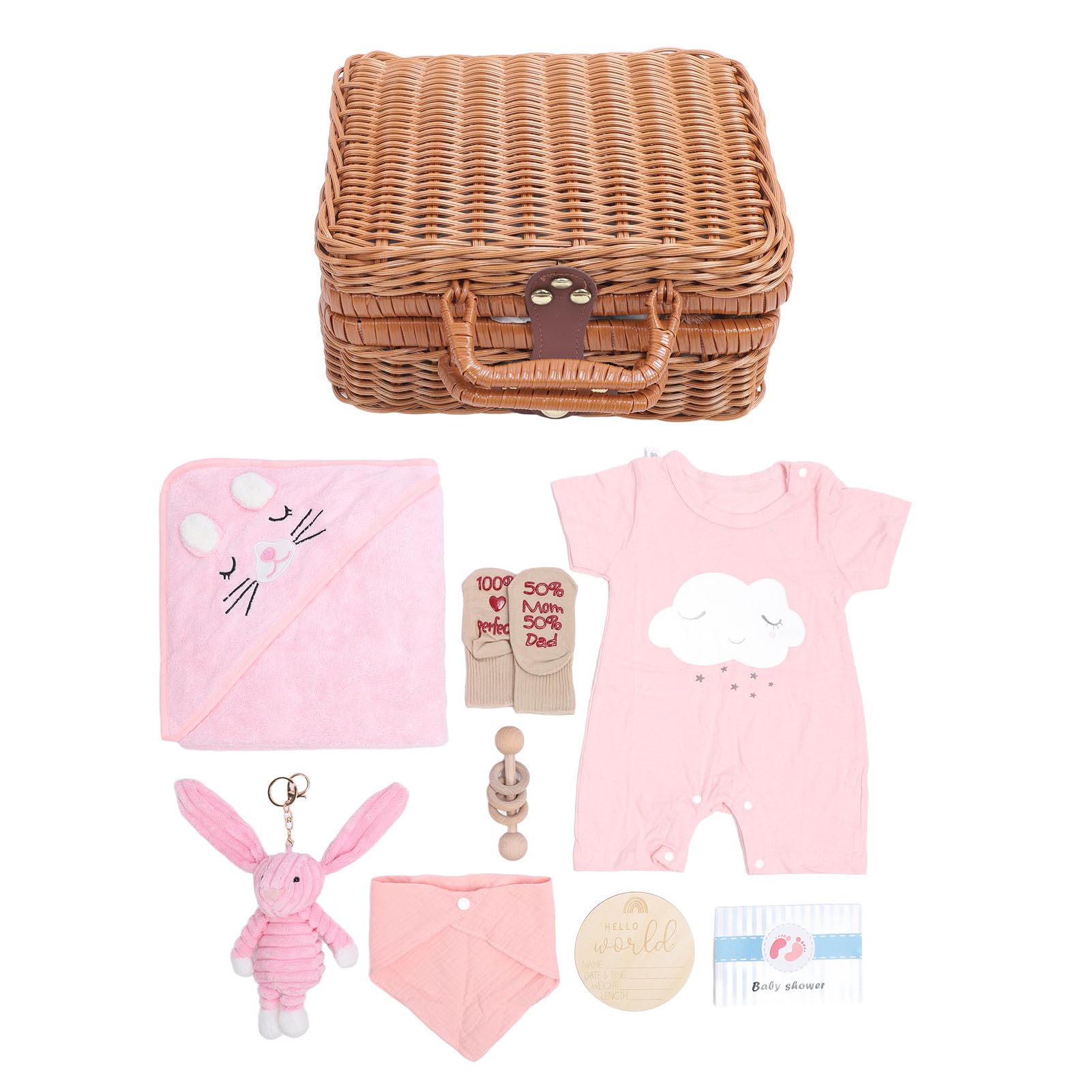 Jiawu Juego de Cestas de Regalo para Recién Nacidos, Incluye Ropa para Muñecas, Baberos, Calcetines, Sonajero, Juguete de Madera y Tarjeta de Felicitación, Toalla Suave (PINK)