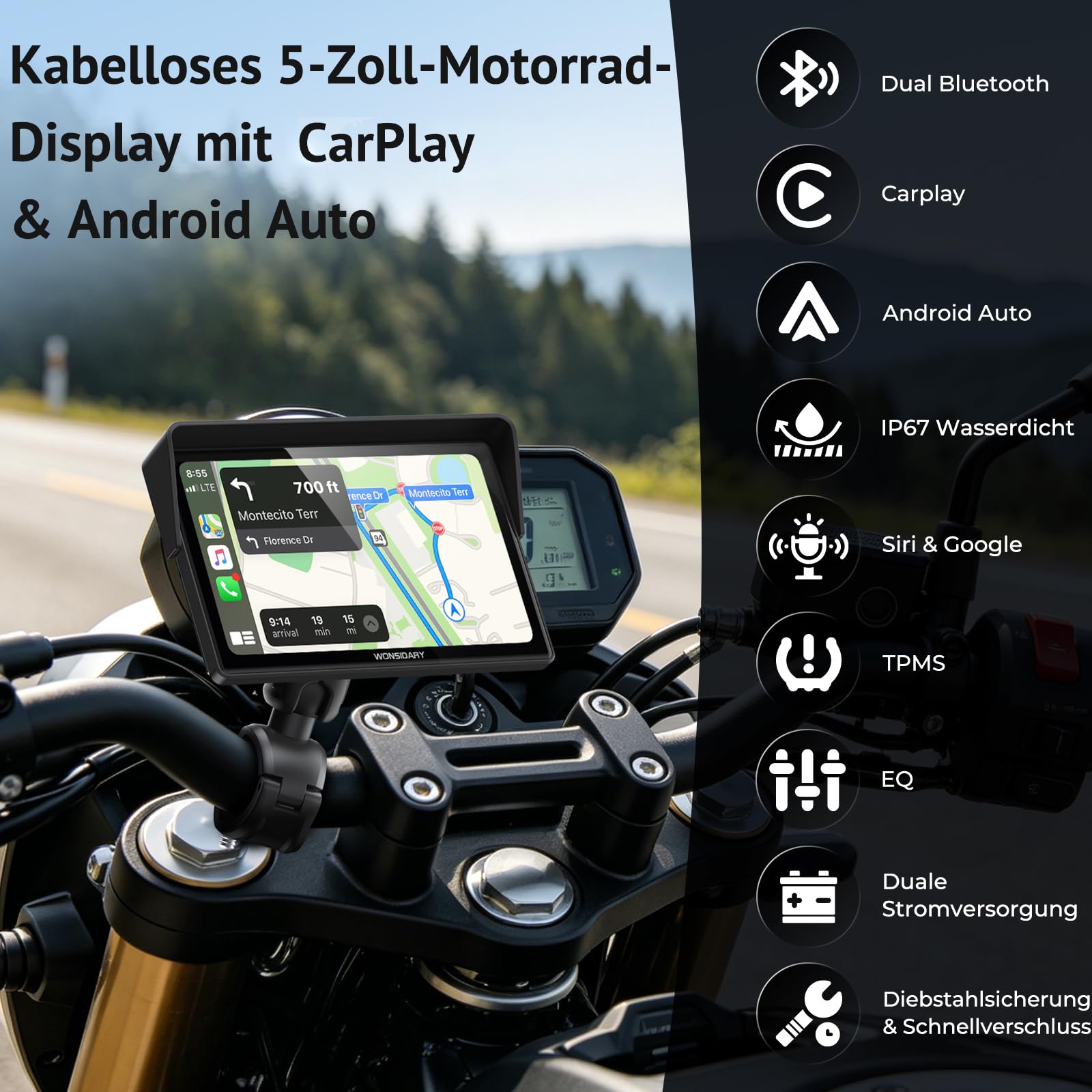 W522TPMS 5 Zoll Motorrad CarPlay Display mit TPMS & Android Auto | Motorrad Navi Display mit IP67 Wasserdichtes ,Dual Bluetooth, Sprachsteuerung, EQ，USB & ACC Anschluss für Motorrad Reisen
