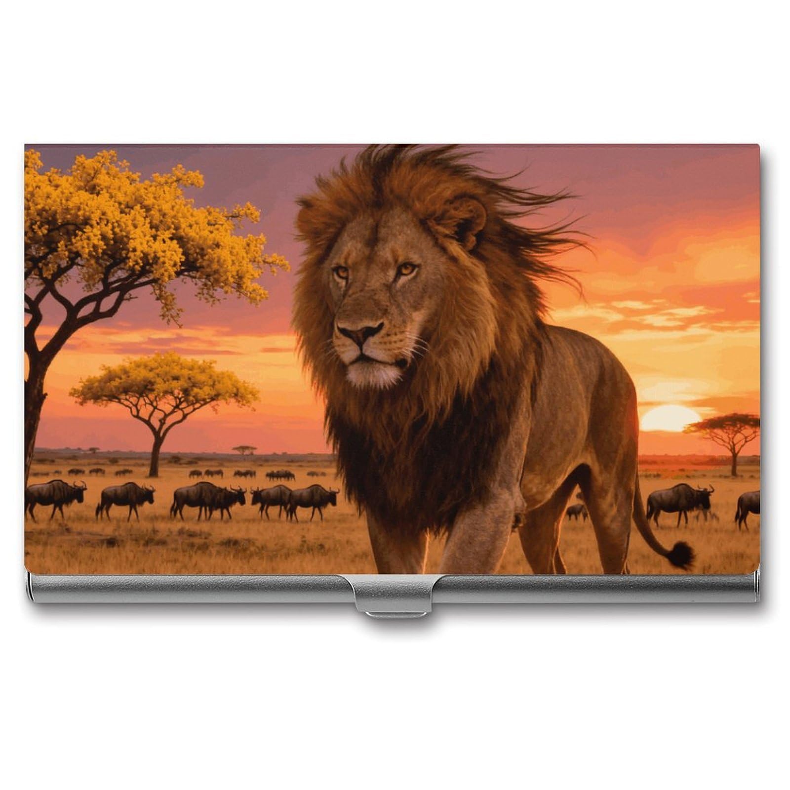 DWVTSLH Prairie Lion Business Card Holder, Slim Portable Metal Business Card Case Pocket Wallet Professional Name Cards Holder for 22-30 Cards, Credit Card ID Case/Holder for Men Women