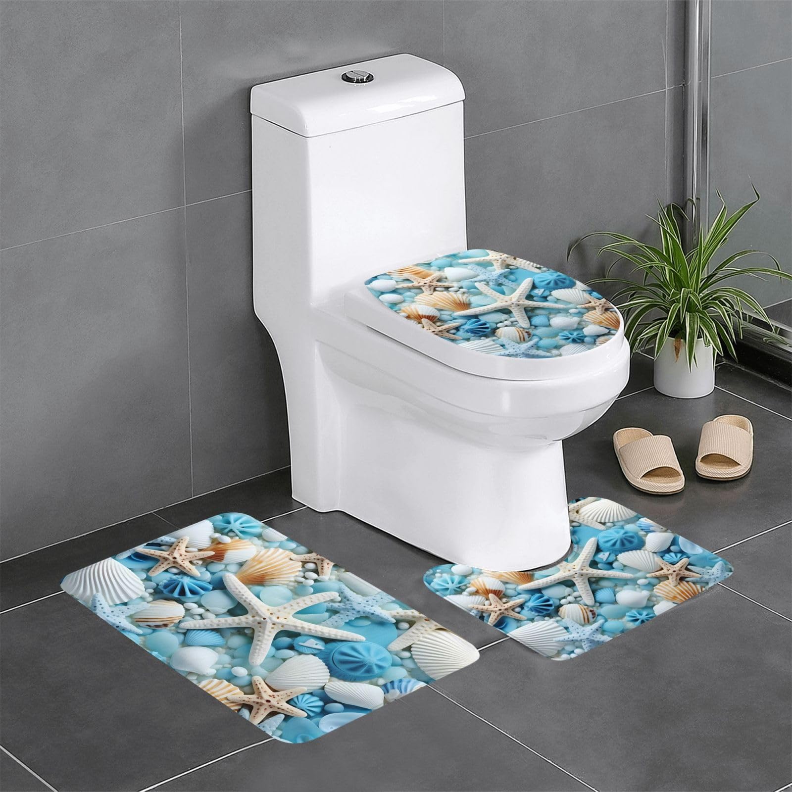 Lot de 3 tapis de bain antidérapants bleus motif coquillages