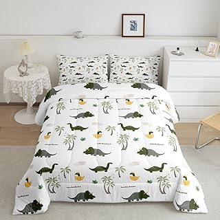 Feelyou Cartoon Dinosaur Comforter Set Full Size Kids 3D Digital Print Comforter for Boys Teens Palm Tree Leaf Bedding Set Jungle Dino Green White Duvet Set Room Decor Quilt Set