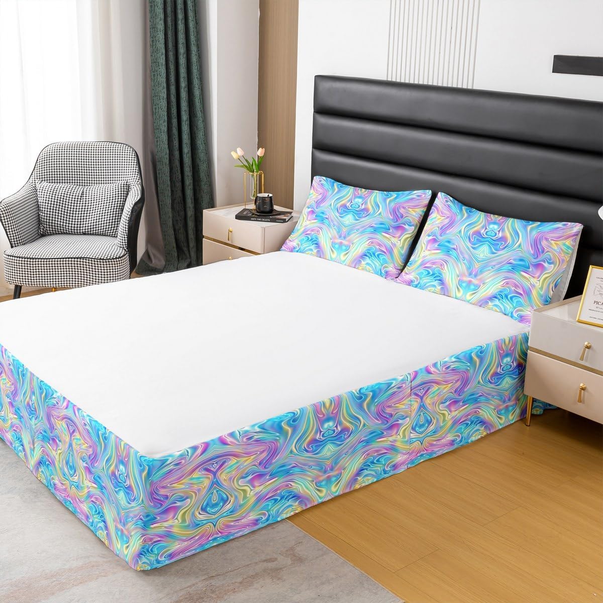 Feelyou Girls Bed Wrap Sheet Set Queen Size, Glitter Purple Blue Bed Skirt for Boys Kids Rainbow Marble Bedskirt Colorful Stripes Dust Ruffle Pleated Bedskirt with Split Corners