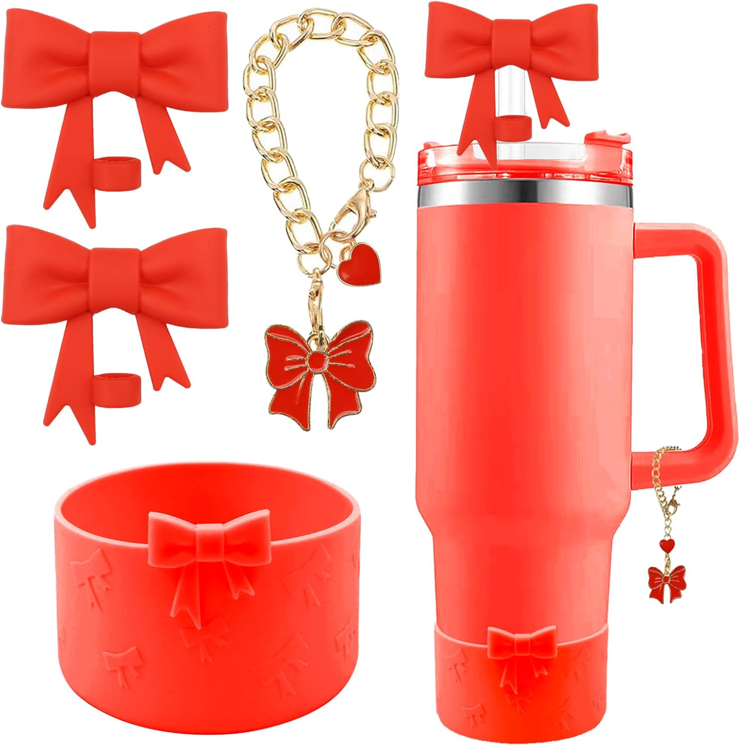 Cup Accessories Set for Stanley,Including 2Pcs Cute Bow Straw Cover Caps 10mm Reusable Straw Toppers,1Pcs Silicone Boot Sleeve and 1Pcs Handle Charm for Stanley Tumbler 30&40oz,Red