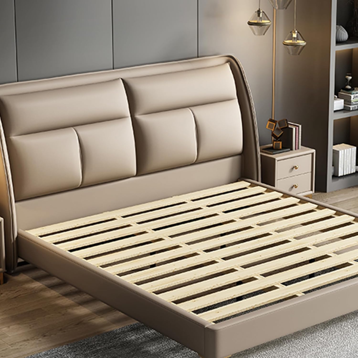 Modern Simplicity Wooden Slats Support, Upholstered Platform Bed Ergonomic Upholstered Headboard Wooden Slats Support, Noise-Free