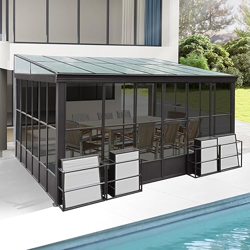 12' x 14' Patio Sun Room Kit, Outdoor Lean-to Enclosed Gazebo, Wall Mounted Solarium, All Season Sunroom Against The Wall with Removable Polycarbonate Roof/Windows, 2 Lockable Sliding Doors